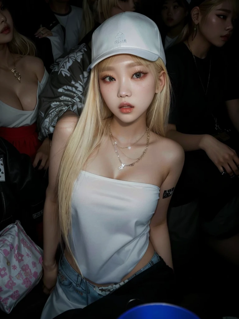 araffe girl with blonde hair wearing a white shirt and a white hat, parque roseanne de blackpink, korean, she is wearing streetwear, jossi do blackpink, beautiful south mulher korean, anime thai girl, Asian girl, heonhwa choe, korean idol, mulher korean, she is bullshit, Chinesa, trends on cgstation