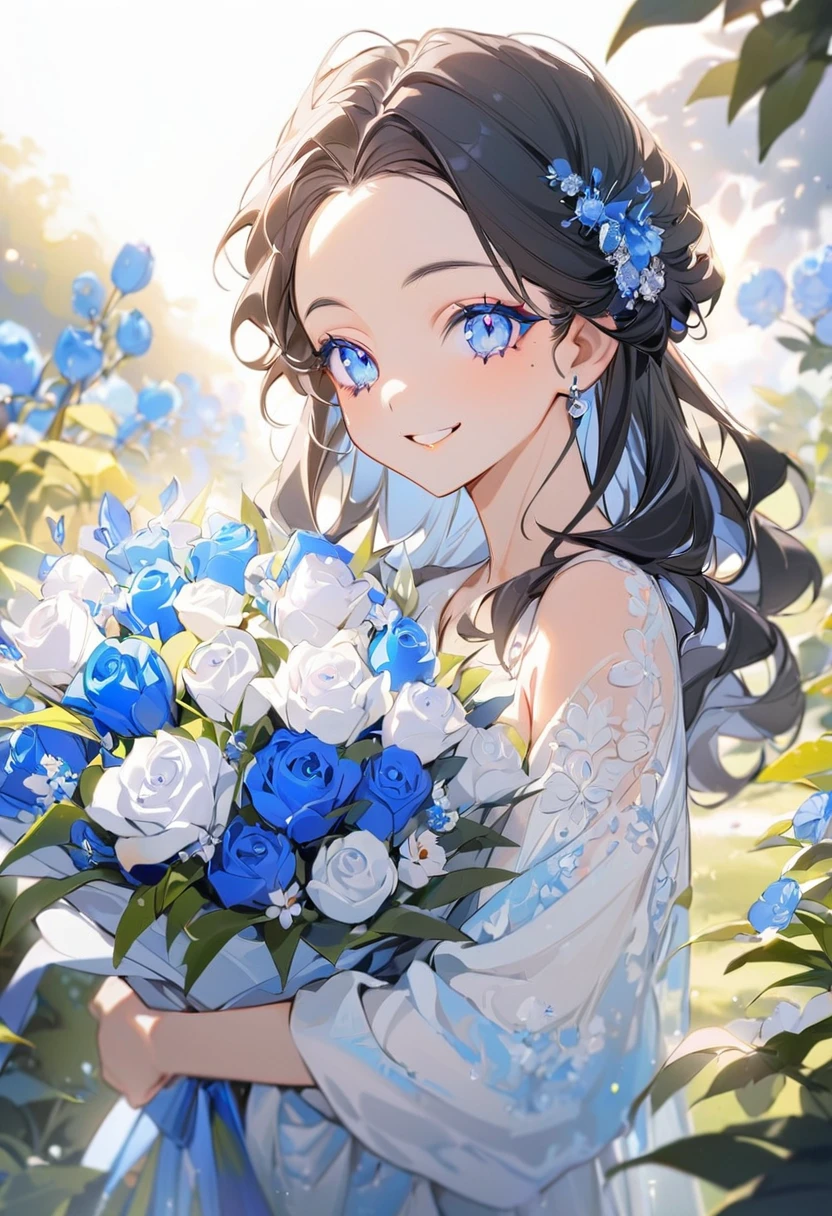( best quality:1.2), 1 Girl only, forehead,Solitary, Skin details, Beautiful facial features, fluffy dark hair,Exquisite makeup, Exquisite eyes, Eye details, he is 20 years old,(((big smiling))).((milky-oink and milky-blue theme)),kindness,soft focus,white soft lighting,having the big colorful bouquet ,((in the garden))