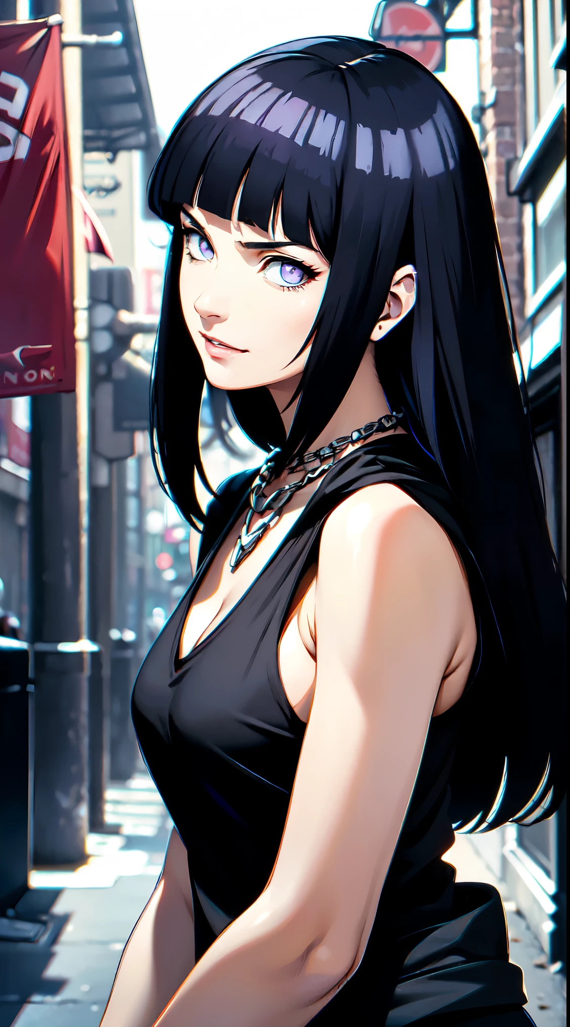 masterpiece,stunning realistic,best quality,sharpness,sharp face,smil，Rot im Gesicht sein，Photo of the upper body
black long hair，purple eyes,big ,tanktop,cargopants with many pockets,black cloak,silver necklace,silver chain,black gloves
