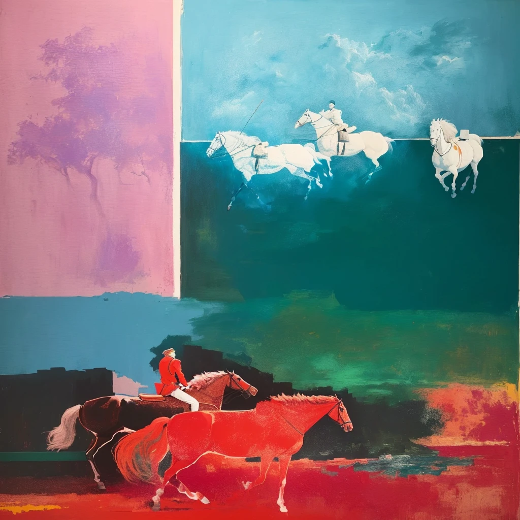 The painting depicts a man riding a horse,There is also a horse in the background, Inspired by R. b. Kitaj, Inspired by Pietro Lorenzetti, inspired by Giovanni bellini, by Margaret boden, Inspired by Sidney Nolan, author:Gaisa Udwari, Inspired by Toros Roslin, author:Ruth Abrahams