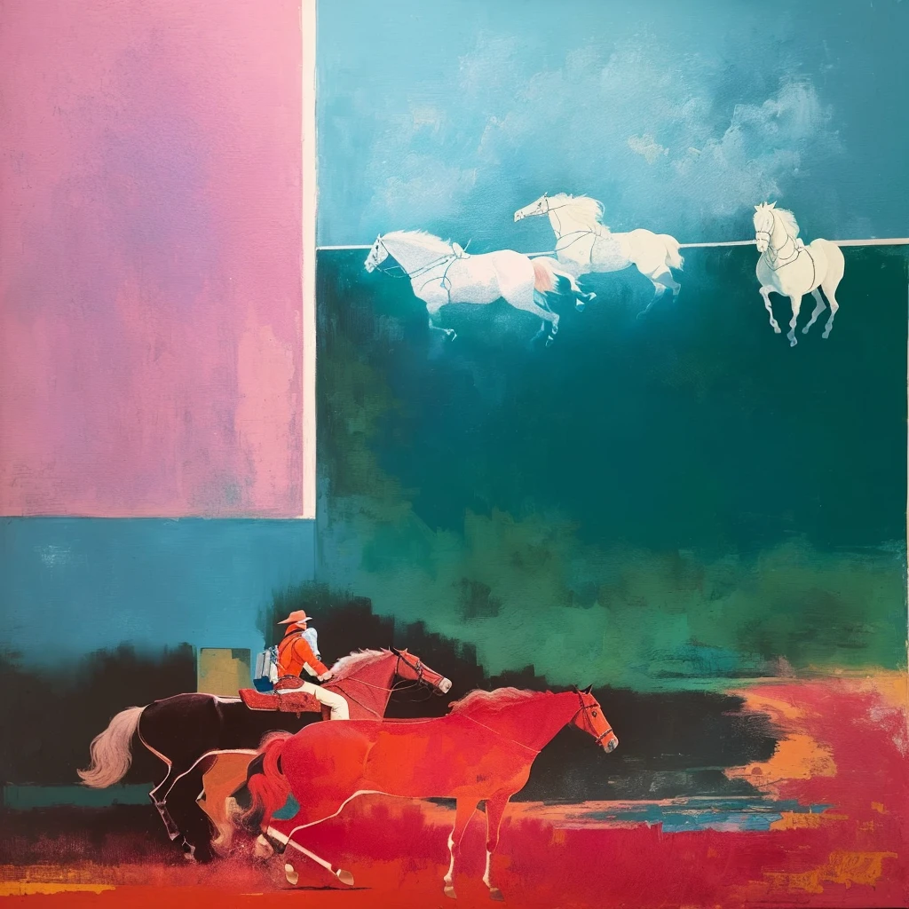 The painting depicts a man riding a horse,There is also a horse in the background, Inspired by R. b. Kitaj, Inspired by Pietro Lorenzetti, inspired by Giovanni bellini, by Margaret boden, Inspired by Sidney Nolan, author:Gaisa Udwari, Inspired by Toros Roslin, author:Ruth Abrahams