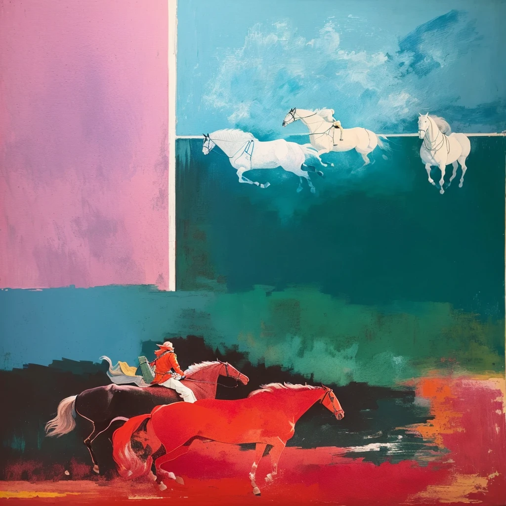 The painting depicts a man riding a horse,There is also a horse in the background, Inspired by R. b. Kitaj, Inspired by Pietro Lorenzetti, inspired by Giovanni bellini, by Margaret boden, Inspired by Sidney Nolan, author:Gaisa Udwari, Inspired by Toros Roslin, author:Ruth Abrahams