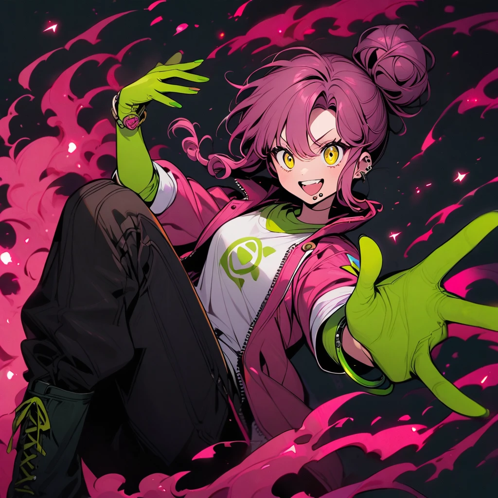 (well done: 1) man, dark pink long curly hair tied in a bun, yellow eyes, mouth piercing, green bracelet, green nails, white t-shirt with a symbol in the middle, pink jacket, black pants, high boots.