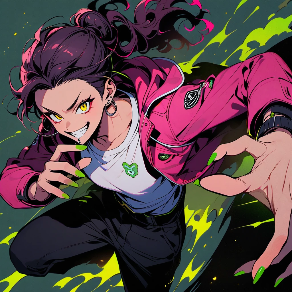 (well done: 1) man, dark pink long curly hair tied in a bun, yellow eyes, mouth piercing, green bracelet, green nails, white t-shirt with a symbol in the middle, pink jacket, black pants, high boots.