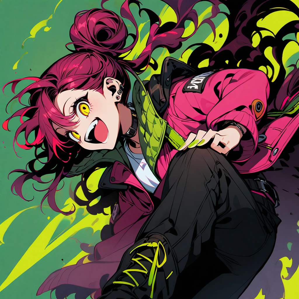 (well done: 1) man, dark pink long curly hair tied in a bun, yellow eyes, mouth piercing, green bracelet, green nails, white t-shirt with a symbol in the middle, pink jacket, black pants, high boots.