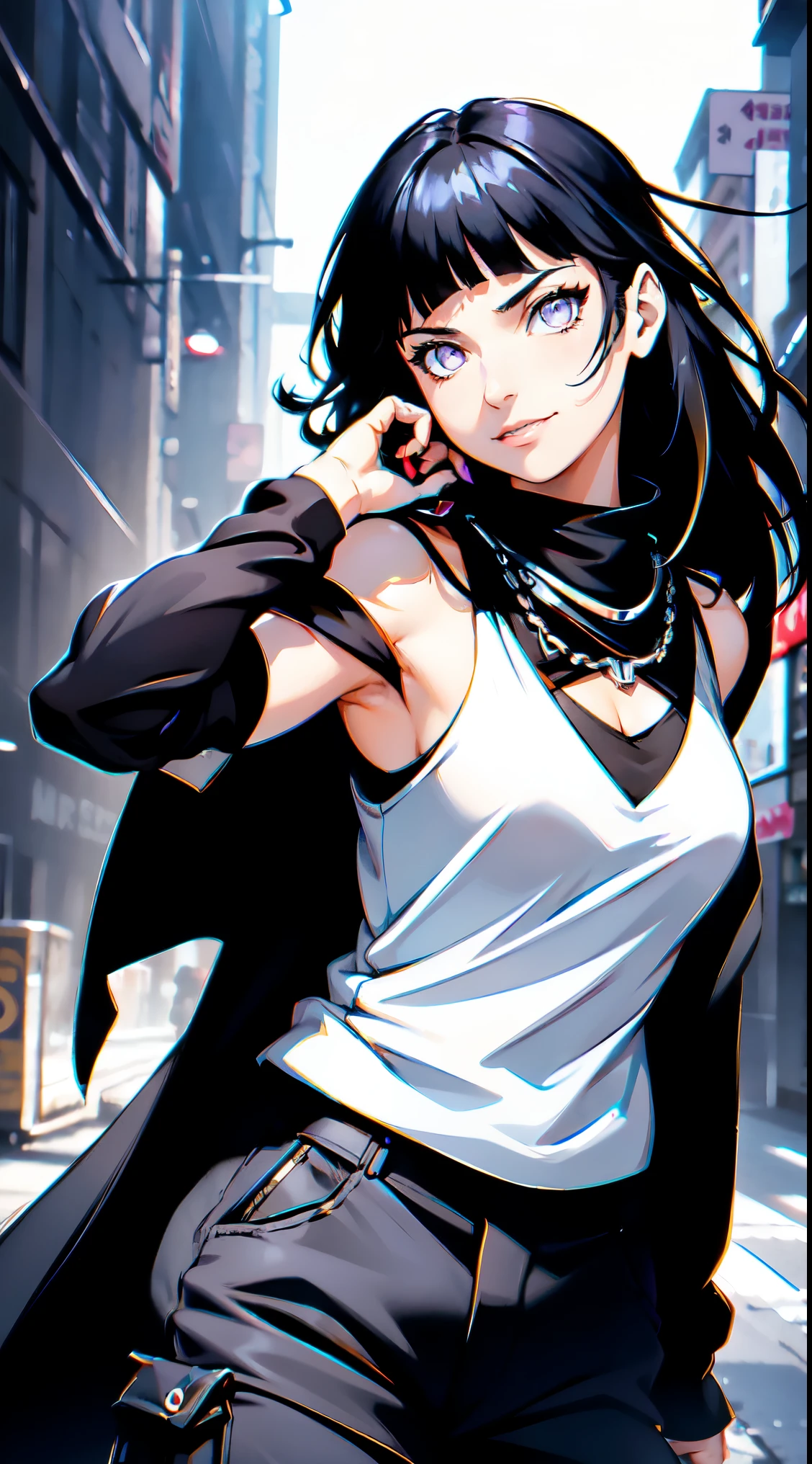 masterpiece,stunning realistic,best quality,sharpness,sharp face,smil,Rot im Gesicht sein,Photo of the upper body
black long hair,purple eyes,big ,tanktop,cargopants with many pockets,black cloak,silver necklace,silver chain,black gloves