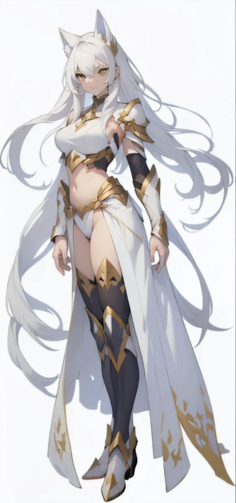 video game character design, reference sheet, matching outfit, (front angles, side angles, rear angles), (white hair, long straight hair, front fringe, yellow eyes, cat ears), smile, relaxed face, white bikini armor, intricate design, 6 and half head full body size, medium breast, paladin ((full body concept, head to toe)), exposed thigh, ((long straight hair)), ((white background)), white and gold armor, white armor boots, white and gold cloth, (((same character, front, side, back))), (white background:1.5), (white cat ears), ((same character: 1.8)), (consistent character:1.8), ((white and gold armor)), exposed stomach, belly button,