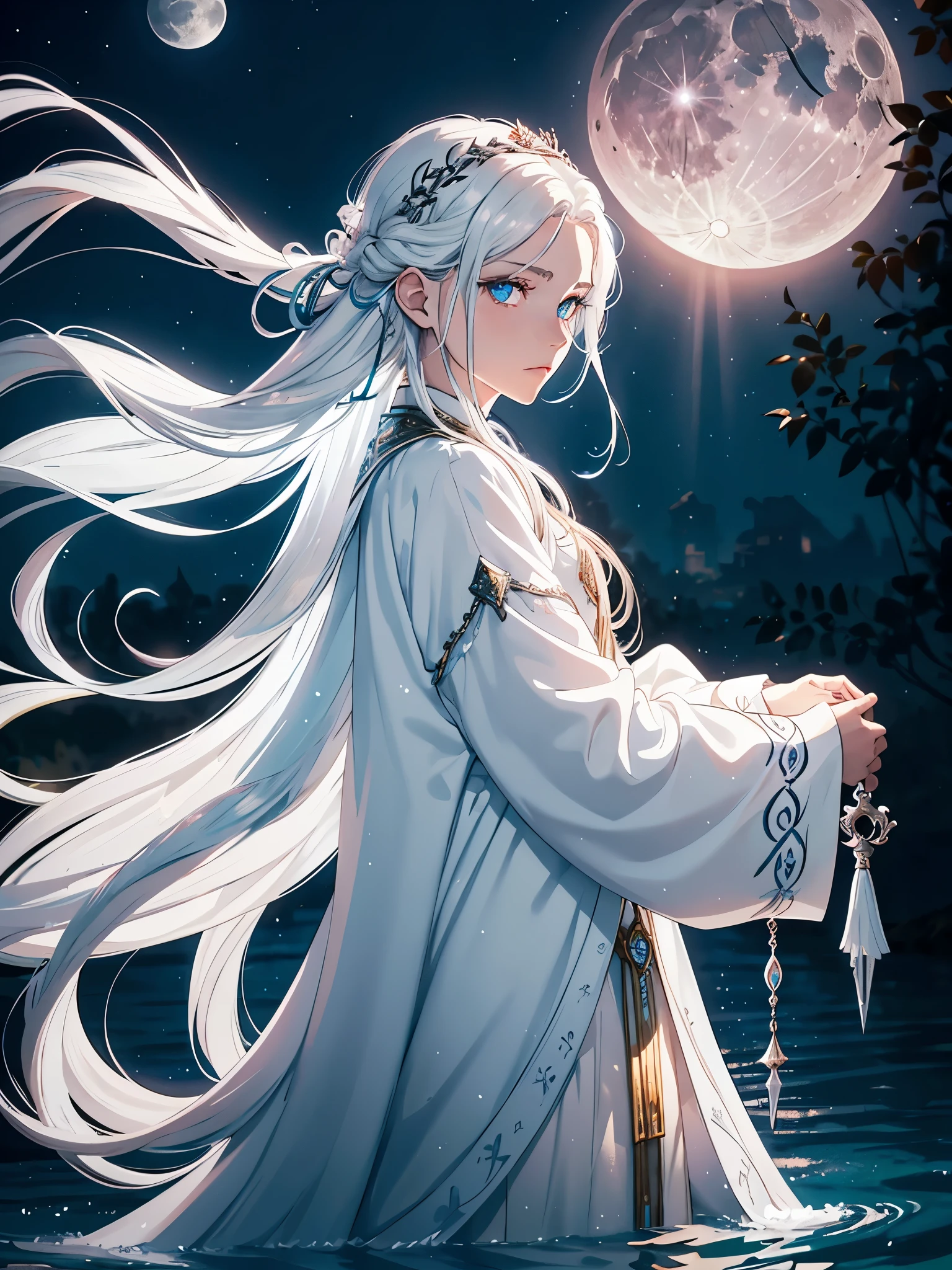 Junge. Älter. Long hair. long white hair. aquatic, boy, Goddess of the Moon, silver hair accessories, White hair, White dress, cape, at night, saturated colors, light eyes, bright, light blue light, blue eyes, Jewelry silver, bluish light, Full moon in the background, aquatic in der Luft rosa kerzen