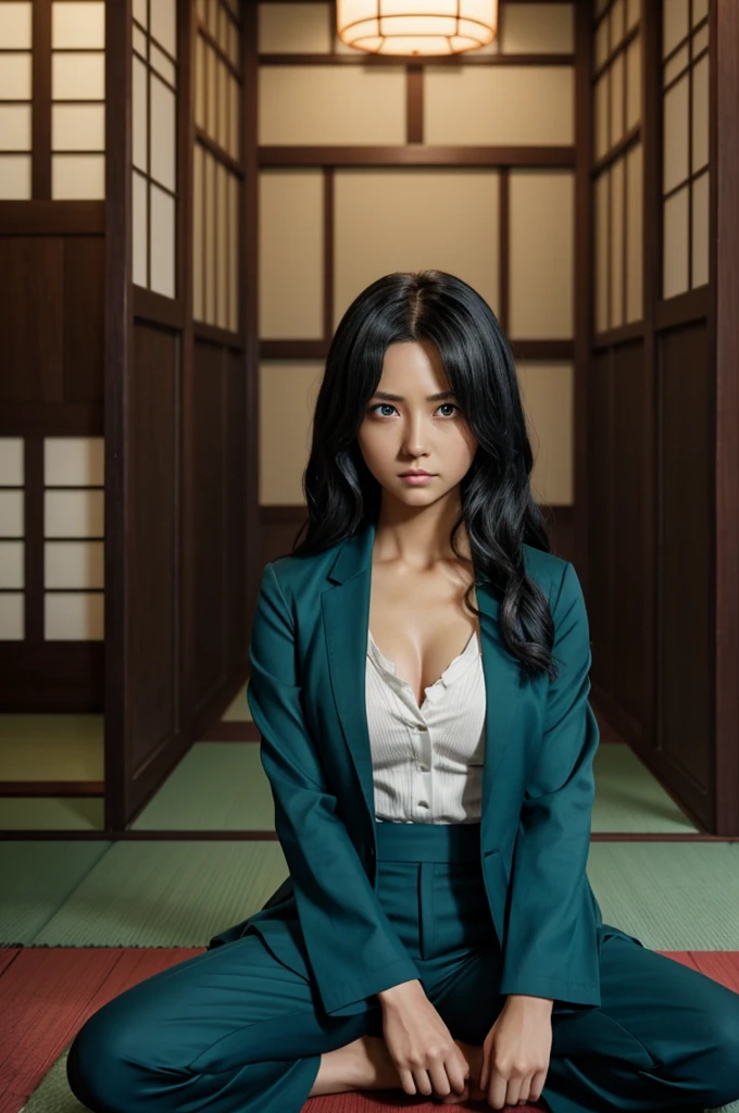 Demon Slayer screencap, pillar, feminine woman, dark complexion, blue eyes, annoyed expression, half of her face covering her right eye, with a scratch over her lips on the left side, short, wavy dark black hair with turquoise tips, with a dark blue suit with a somewhat wide part of the pants, Japanese sandals, covering it with a light green haori. Anime style Ufotable Studios Season 3.