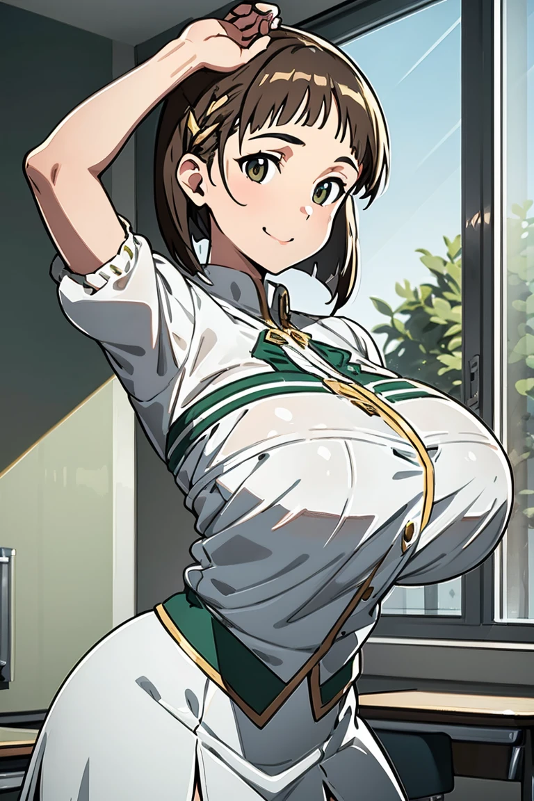 elite , green, White and gold uniform, White Skirt, White top, green Ribbon, Gold Button, Golden Shoulder Massage, Young people, 19 years, Brown Hair, Haircut with dull bangs, Brown eyes, beautiful Brown eyes, Large Breasts, Impressive body curves, Mischievous Smile, Pink Lips, , Cute pose, masterpiece, Classroom Background, School