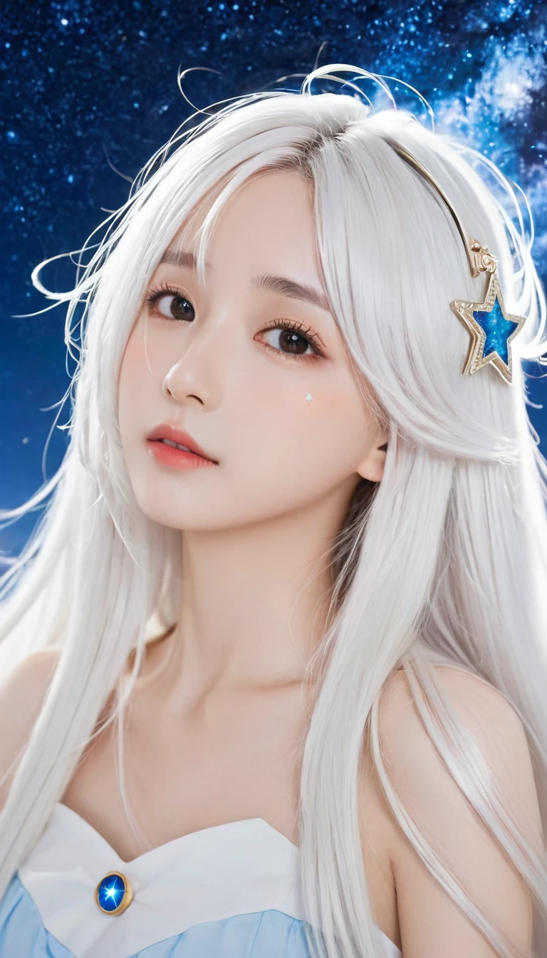 anime girl with long white hair and a Star in her hair, White-haired deity, Anime girl with cosmic long hair, Star(Sky) Starry_Sky, Cute girl anime visual, Ink art anime loli, White halo, White hair girl, Ethereal Anime, akasuki voidStar, Heavenly Spirit, Night Core, Anime cute art style