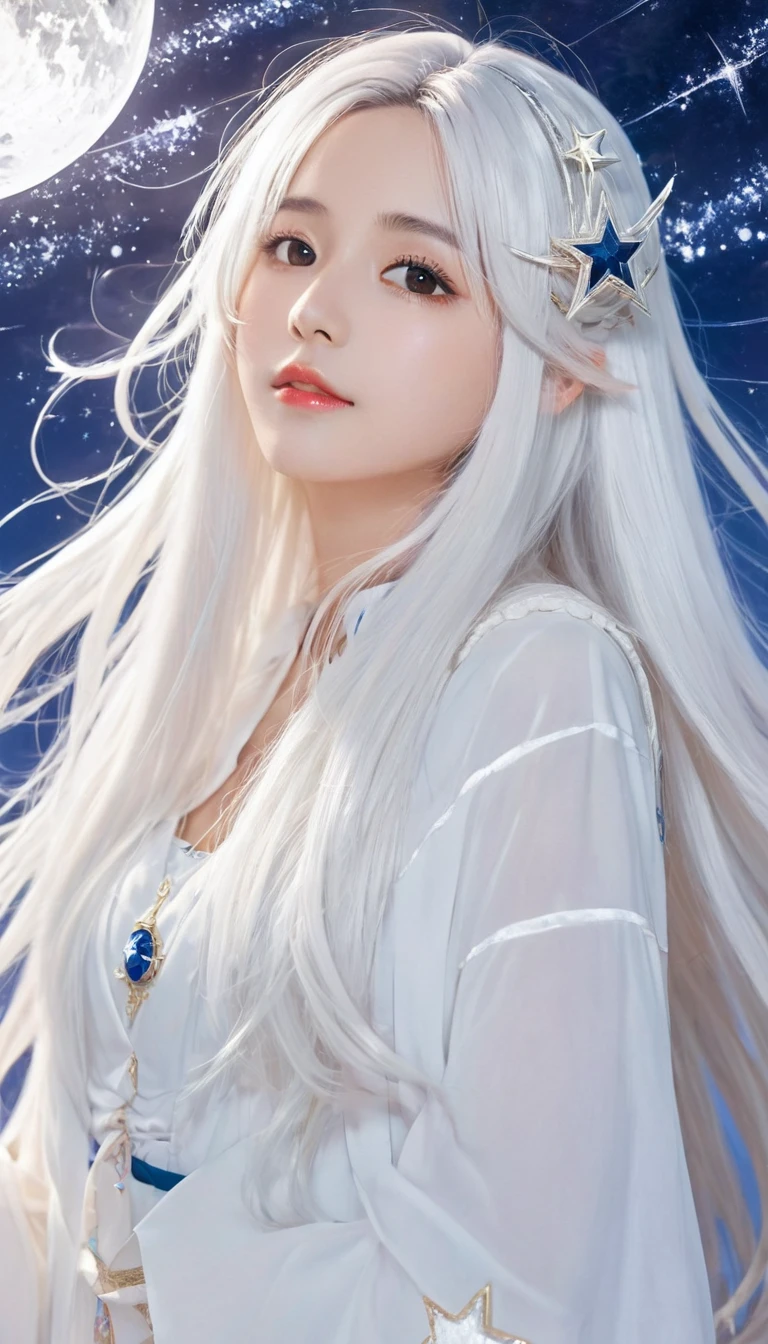 anime girl with long white hair and a Star in her hair, White-haired deity, Anime girl with cosmic long hair, Star(Sky) Starry_Sky, Cute girl anime visual, Ink art anime , White halo, White hair girl, Ethereal Anime, akasuki voidStar, Heavenly Spirit, Night Core, Anime cute art style