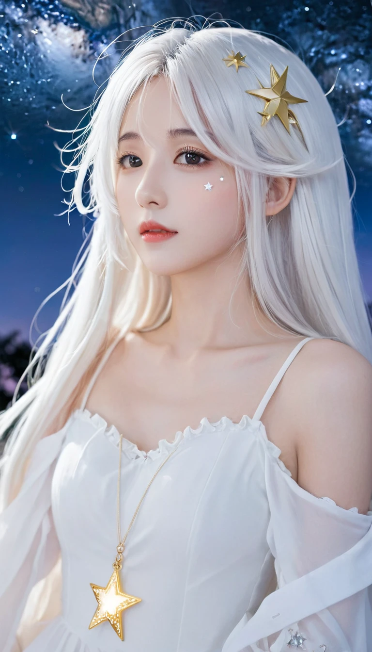 anime girl with long white hair and a Star in her hair, White-haired deity, Anime girl with cosmic long hair, Star(Sky) Starry_Sky, Cute girl anime visual, Ink art anime loli, White halo, White hair girl, Ethereal Anime, akasuki voidStar, Heavenly Spirit, Night Core, Anime cute art style