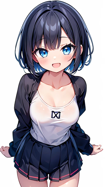 Highest quality,wonderful,finely,Highly detailed CG Unity 8k wallpaper, (1 Girl,Black Hair, blue eyes,short hair, Double Bang), (Small breasts:1.2), (Black T-shirt:1.1), (clavicle:1.1), Shorts、Smiling Kindly、smile、 (Open your mouth to make the sound of the letter O:1.2), (zettai ryouiki:1.2),(narrow:1.2), (Are standing:1.2)、(((Solid white background)))、Facing the camera