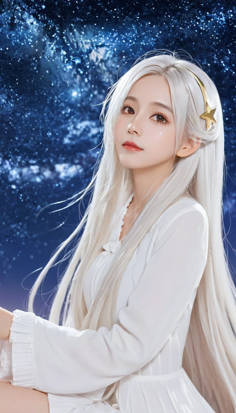 anime girl with long white hair and a Star in her hair, White-haired deity, Anime girl with cosmic long hair, Star(Sky) Starry_Sky, Cute girl anime visual, Ink art anime loli, White halo, White hair girl, Ethereal Anime, akasuki voidStar, Heavenly Spirit, Night Core, Anime cute art style