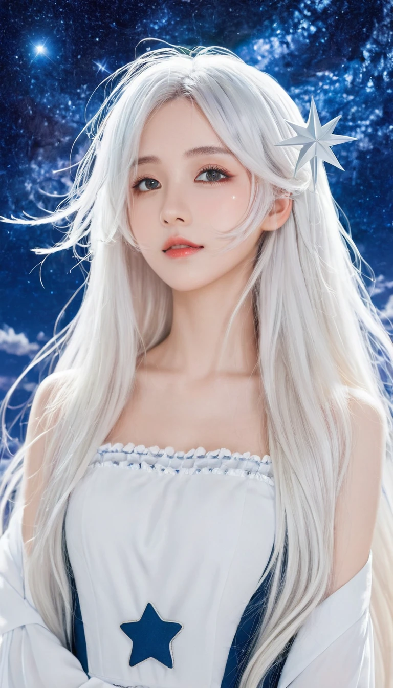 anime girl with long white hair and a Star in her hair, White-haired deity, Anime girl with cosmic long hair, Star(Sky) Starry_Sky, Cute girl anime visual, Ink art anime loli, White halo, White hair girl, Ethereal Anime, akasuki voidStar, Heavenly Spirit, Night Core, Anime cute art style