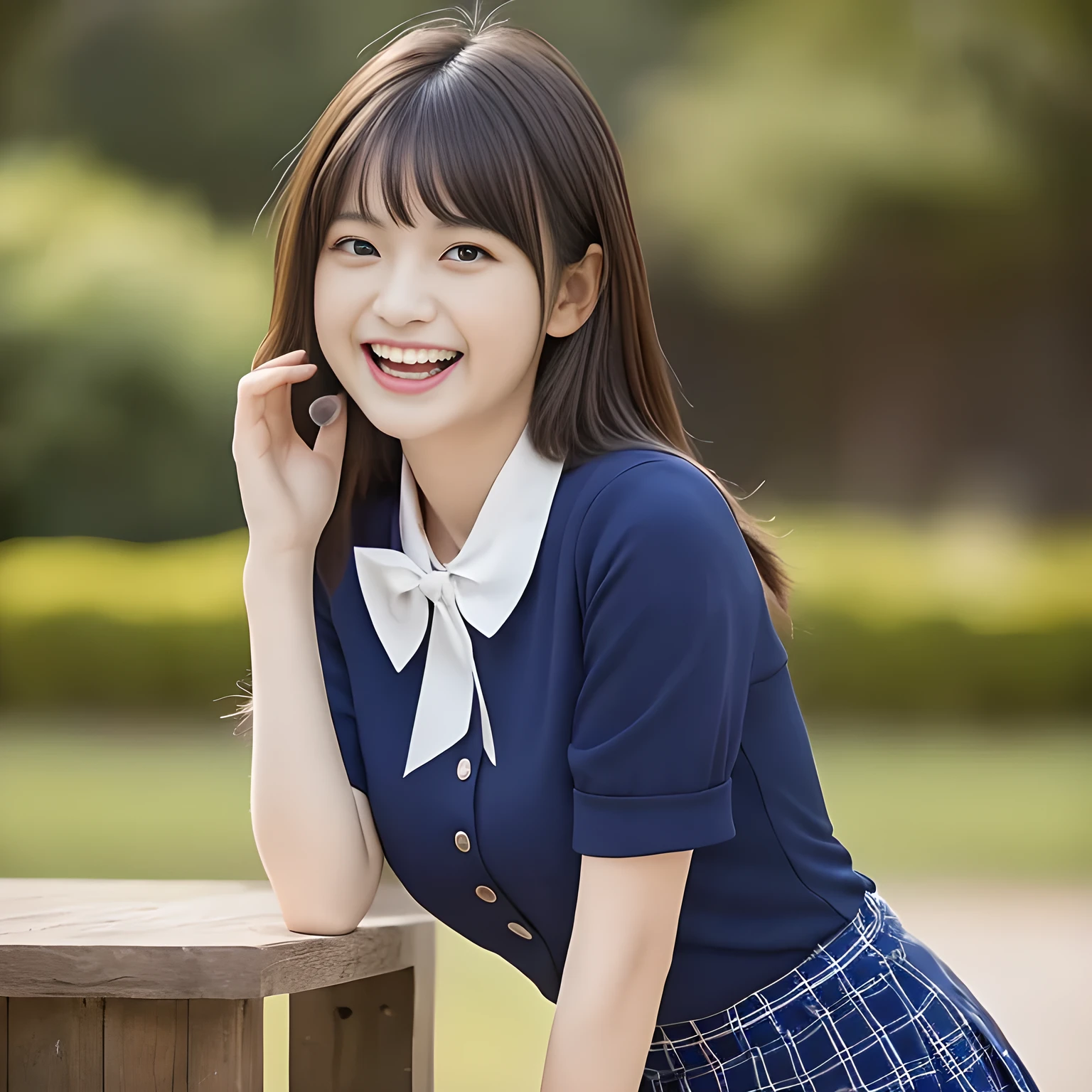 (Highest quality, masterpiece:1.2), Highest quality, High resolution, 1080P, 8K, height: 158cm, ((A noble and intelligent girl who looks like a cute Japanese young lady is giggling while magically hypnotizing the viewer)), ((So sweet, very noble, cute and pretty Japanese beautiful cute girl)), ((A real, very girly, sweet, cute and noble girl)), ((Many sacred beautiful woman dolls in the background)), ((((A ************, smiling beautiful Japanese cute fashion model)))), ((((Very pure white face and limbs)))), Glossy Lips, (Evenly cut bangs), ((Very beautiful, smiling brown, droopy, cute, pure, noble eyes)), ((Super long, straight black hair that reaches the floor)), Very shiny, Glossy Lips, Open hand over open mouth, Beautiful straight hair like a hair model, Watch and laugh at your audience, ((Incredibly well organized, Rich facial expressions. Plump and beautiful white skin and face)), ((Pure, clear, gentle smiling eyes)), ((Smile at me)), Glossy Lips, ((Noble and elegant)), ((As the succubus charms you with her magic and giggles)), ((((Succubus is fascinating、Calling to the depths of eternity)))), Very beautiful blue skirt, ((Large upward-curving lips)), ((Look directly at the viewer)), White Hand, ((Navy Japanese School Blazer, Navy and sapphire blue Japanese school uniform tartan check pattern pleated long skirt, Blue string ribbon tie)), ((((An ecstatic expression of boundless joy)))), ((Black background))