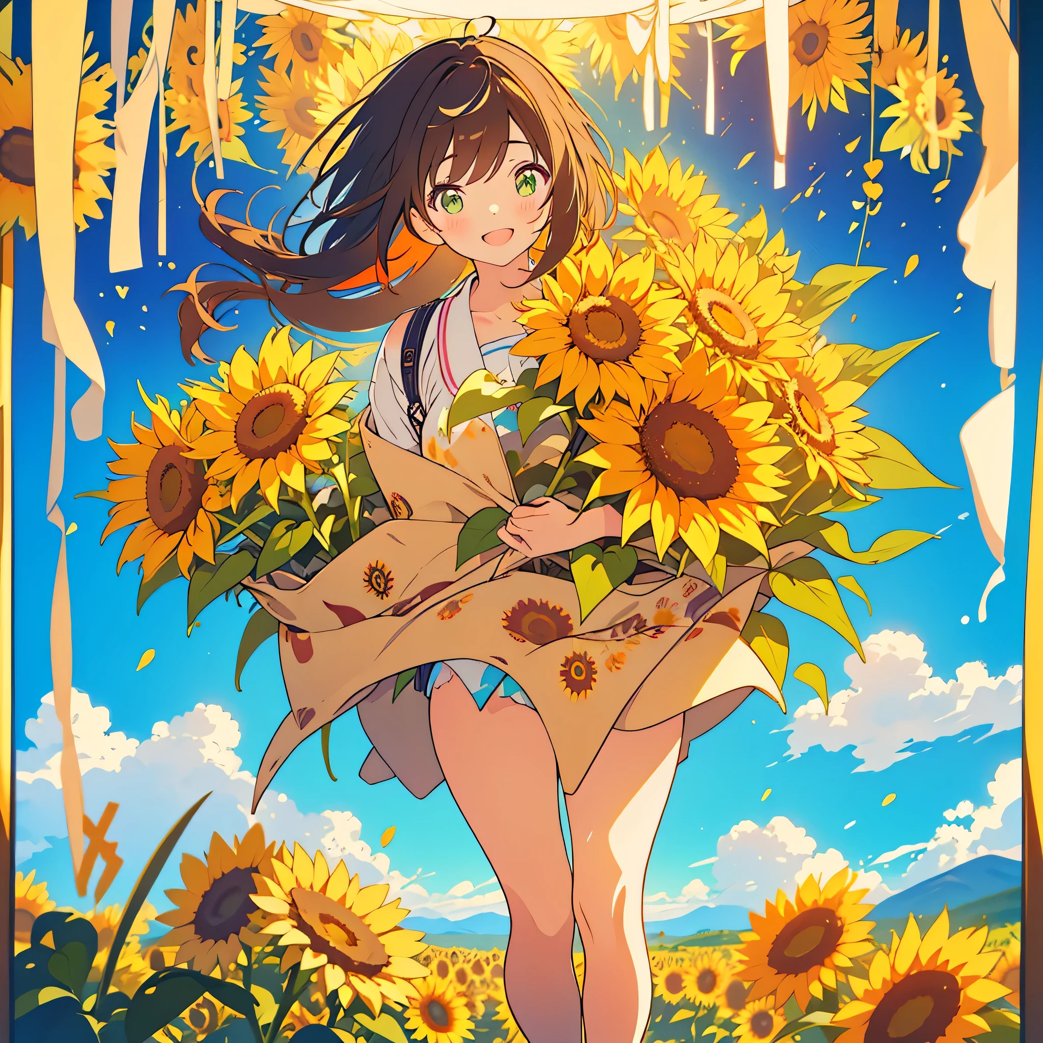 kawaii, anime, Cute, hyper quality, highly detailed, 16k, Front facing, Clarity, full body, one twenty year old woman, stain the whole thing with colorful ink, long brown hair, green eyes, paint color, countless sunflowers, surrounded by sunflowers, Trapped inside a Van Gogh painting, ephemeral, paint, paint, brush, live inside the canvas, art supplies, oil, wonder, twist, rainbow colored sunflowers, Richly colored, Brightly colored sunflowers, highlight on eyes, smile, splattered ink, scribble, countless handwritings, color palette, the bell rings, long hair flowing, Draw eyes clearly, art, jump up and down, 	
