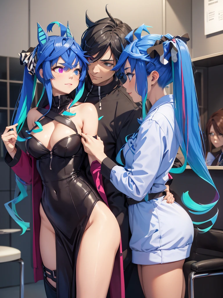 (​masterpiece、top-quality、hight resolution), A scene in which a customer meets a designated sex worker in a waiting room. From the customer's perspective, the scene depicts the sex worker approaching with a professional and charming smile. The waiting room is simply decorated. The sex worker is wearing an attractive cocktail dress and is sexually attractive. The sex worker tells the customer. 'Thank you for your appointment. I will give you the night of your dreams."  Twin_Turbo_Umamusume, aqua hair, twintails, heterochromia, purple eyes, blue eyes, sharp teeth, multicolored hoodie, hores tails, nsfw, 1faceless male