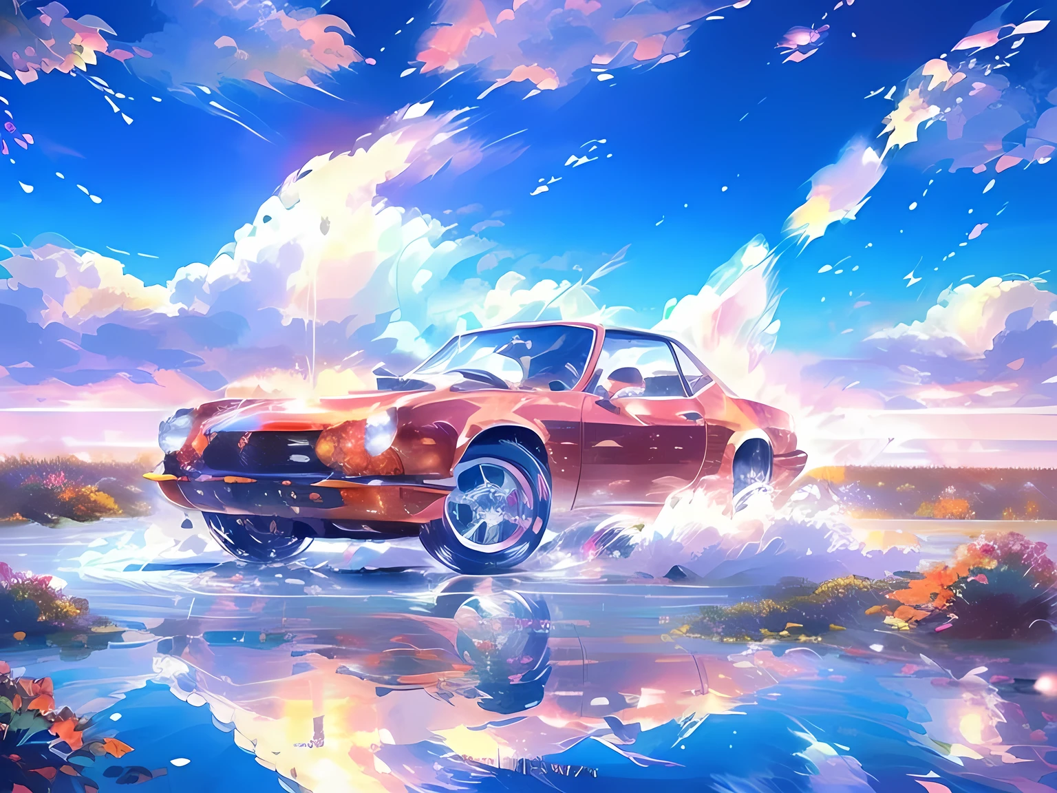 EIZIN SUZUKI style art, (City Pop Style), ((MAGICAL SOUND SHOWER, SPLASH WAVE, PASSING BREEZE, SHINING WIND)), beautiful, No humans, Red classic car, (masterpiece), 8k wallpaper,