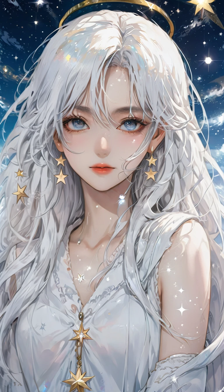 anime girl with long white hair and a Star in her hair, White-haired deity, Anime girl with cosmic long hair, Star(Sky) Starry_Sky, Cute girl anime visual, Ink art anime loli, White halo, White hair girl, Ethereal Anime, akasuki voidStar, Heavenly Spirit, Night Core, Anime cute art style