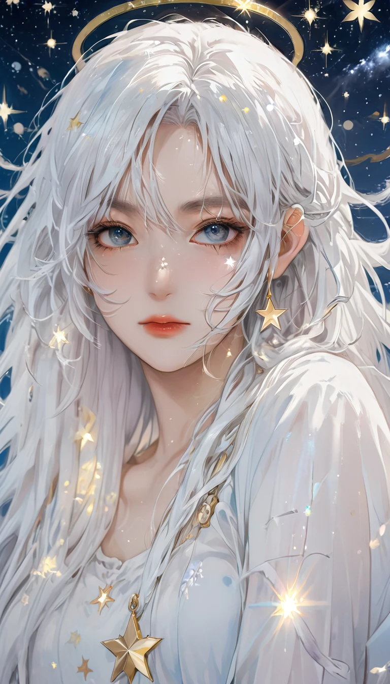 anime girl with long white hair and a Star in her hair, White-haired deity, Anime girl with cosmic long hair, Star(Sky) Starry_Sky, Cute girl anime visual, Ink art anime loli, White halo, White hair girl, Ethereal Anime, akasuki voidStar, Heavenly Spirit, Night Core, Anime cute art style