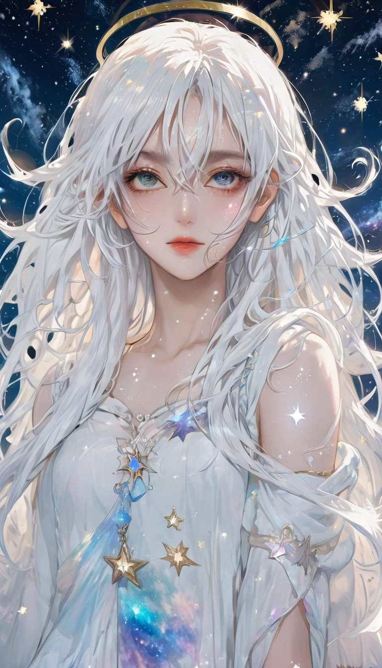 anime girl with long white hair and a Star in her hair, White-haired deity, Anime girl with cosmic long hair, Star(Sky) Starry_Sky, Cute girl anime visual, Ink art anime loli, White halo, White hair girl, Ethereal Anime, akasuki voidStar, Heavenly Spirit, Night Core, Anime cute art style