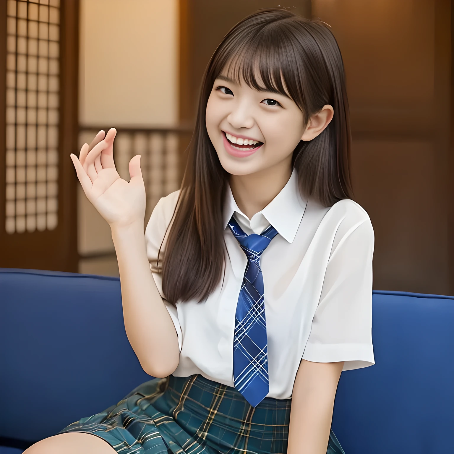 (Highest quality, masterpiece:1.2), Highest quality, High resolution, 1080P, 8K, height: 158cm, ((A noble and intelligent girl who looks like a cute Japanese young lady is giggling while magically hypnotizing the viewer)), ((So sweet, very noble, cute and pretty Japanese beautiful cute girl)), ((A real, very girly, sweet, cute and noble girl)), ((Many sacred beautiful woman dolls in the background)), ((((A , smiling beautiful Japanese cute fashion model)))), ((((Very pure white face and limbs)))), Glossy Lips, (Evenly cut bangs), ((Very beautiful, smiling brown, droopy, cute, pure, noble eyes)), ((Super long, straight black hair that reaches the floor)), Very shiny, Glossy Lips, Open hand over open mouth, Beautiful straight hair like a hair model, Watch and laugh at your audience, ((Incredibly well organized, Rich facial expressions. Plump and beautiful white skin and face)), ((Pure, clear, gentle smiling eyes)), ((Smile at me)), Glossy Lips, ((Noble and elegant)), ((As the succubus charms you with her magic and giggles)), ((((Succubus is fascinating、Calling to the depths of eternity)))), Very beautiful blue skirt, ((Large upward-curving lips)), ((Look directly at the viewer)), White Hand, ((Navy Japanese School Blazer, Navy and sapphire blue Japanese school uniform tartan check pattern pleated long skirt, Blue string ribbon tie)), ((((An ecstatic expression of boundless joy)))), ((Black background))