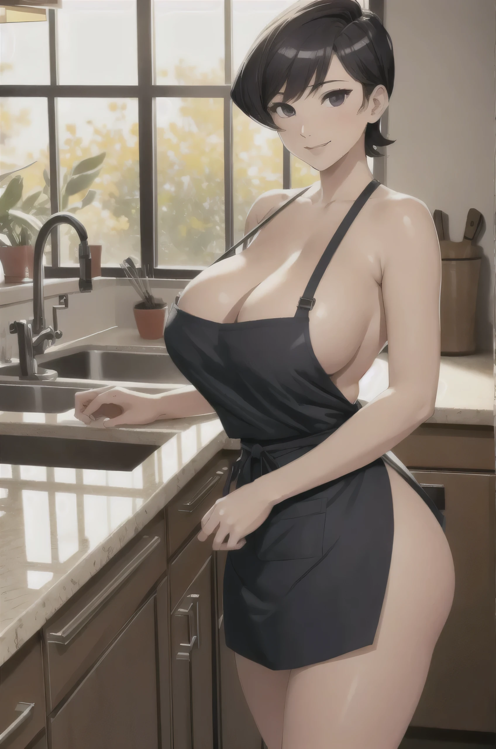 (komishuuko),beautiful,masterpiece, best quality, extremely detailed face,perfect lighting,smile,indoors,kitchen,window,beautiful backdrop,naked apron,(huge breasts:1.2),sunny,looking at viewer,(1girl:1.3)  