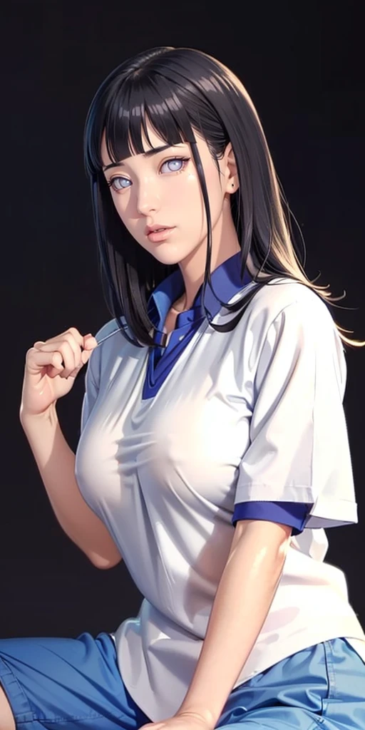 (（（Perfect body,White and tender skin,（（（ruanyi0533,blue pants,collared shirt,short sleeves,striped,sneakers,white shirt,）））,（（（hyuugahin,hyuugahin,hinata\(boruto\),hyuugahin, "black long hair", blue eyes,blunt bangs）））,((masterpiece)),high resolution, ((Best quality at best)),masterpiece,quality,Best quality,（（（ Exquisite facial features,Looking at the audience,There is light in the eyes,blush,Happy,lol）））,）））,（（（Light and shadow,Huge breasts）））,（（（Looking at the camera,black background,)））),