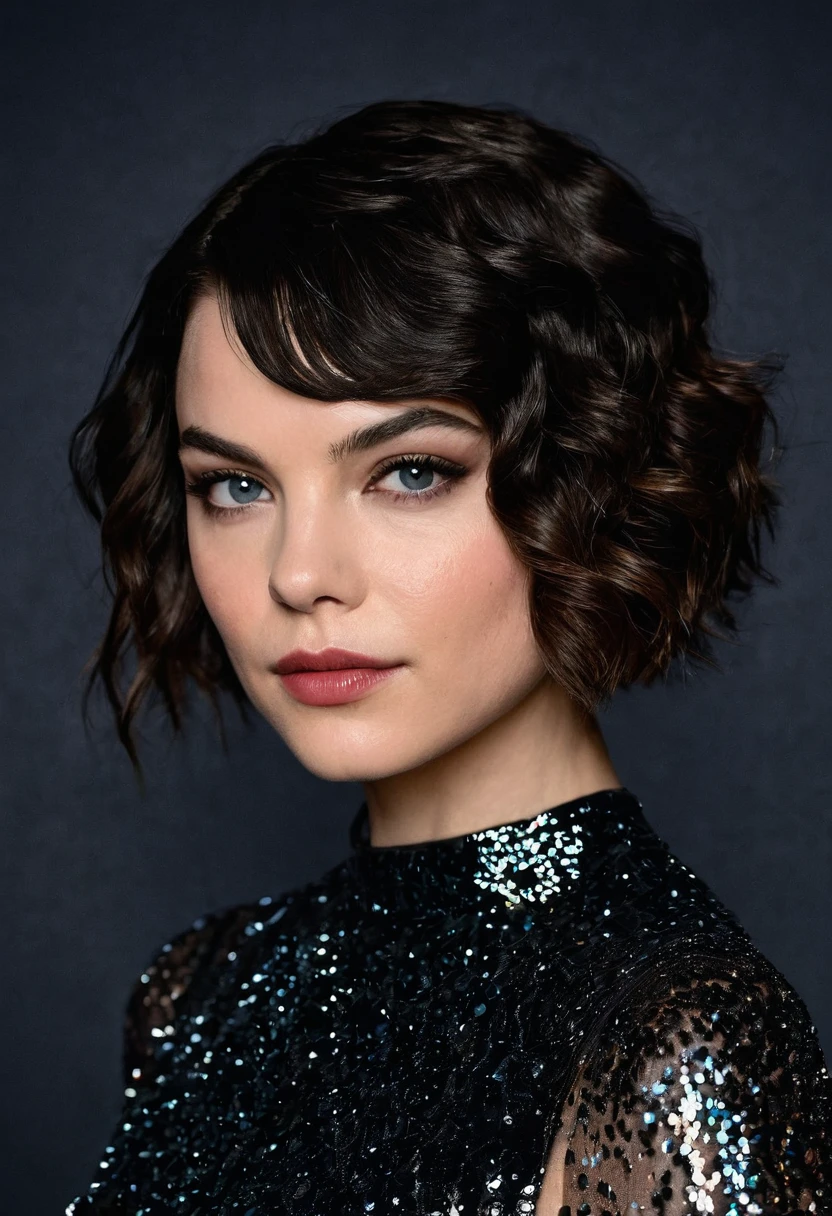 A portrait of Selina Kyle whose facial features are a combo of Camren Bicondova + Lilli Simmons + Michelle Pfeiffer + Zoe Kravitz + Anne Hathaway. Selina has short black hair. Selina wears a sparkly black evening dress. Selina has lovely makeup on her face. Symmetrical eyes. Symmetrical face. Great details. Photorealistic. Full-colored photo. Professional photo. Highly detailed 8K.