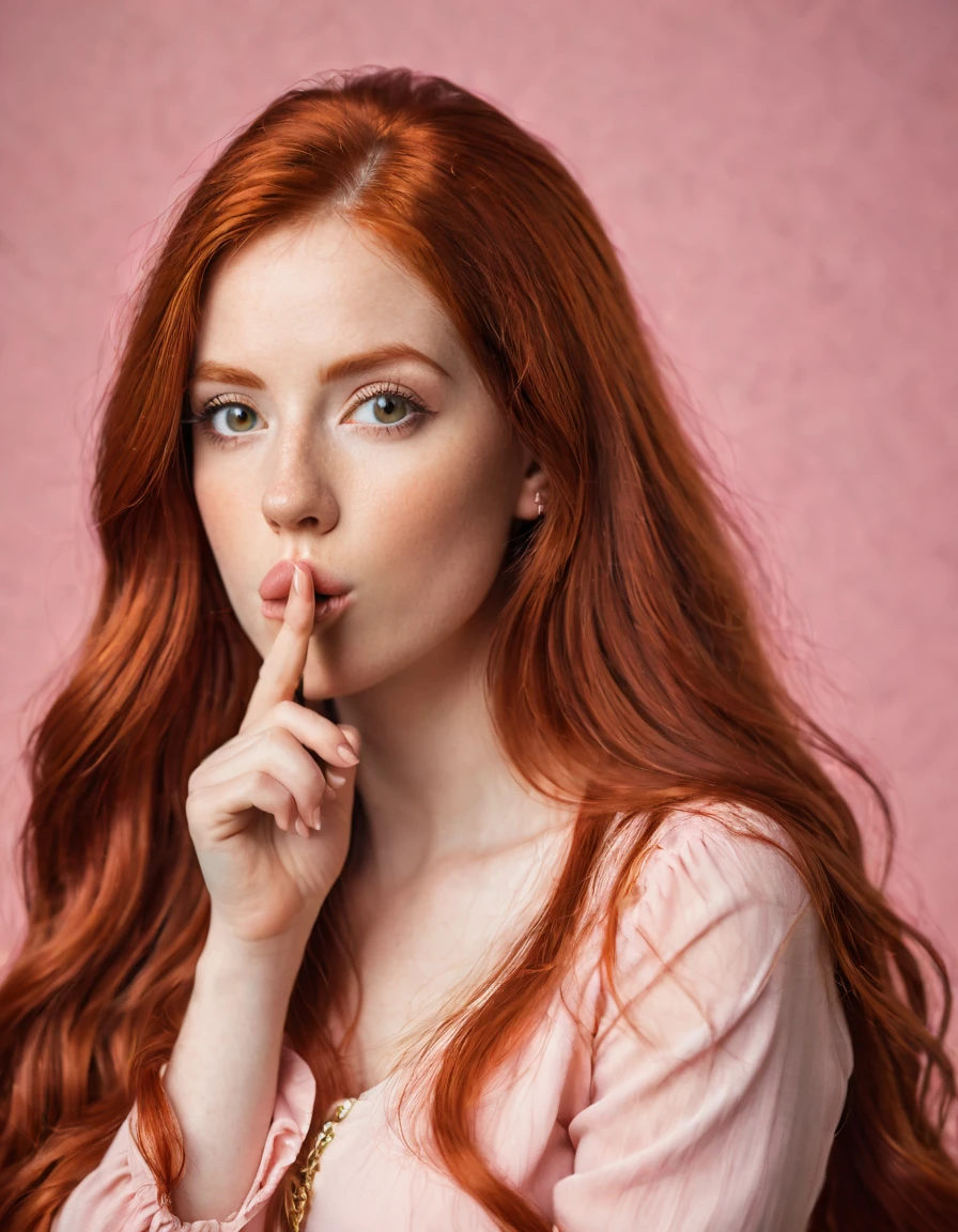 ultra realistic, photography, long red hair, girl, 24 years old, hourglass figure, perfect body, Flirty look, beautiful detailed woman, intricate and detailed face, long lush hair, soft lighting, photorealistic, high quality, cinematic, dramatic, warm color tones, facing the camera, Nikon z fx, lens 35 mm, blur background, beautiful attractive redhead young woman 20s years old in rose clothes look aside say hush be quiet with finger on lips shhh gesture isolated on pastel pink color background studio