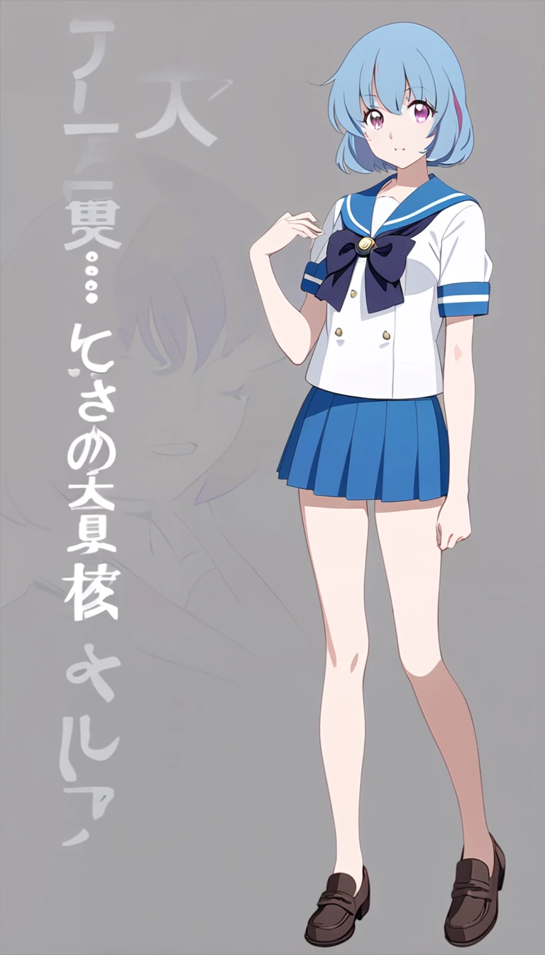 young girl, anime, short hair, pretty eyes, blue hair, full body, sailor suit, short pleated skirt