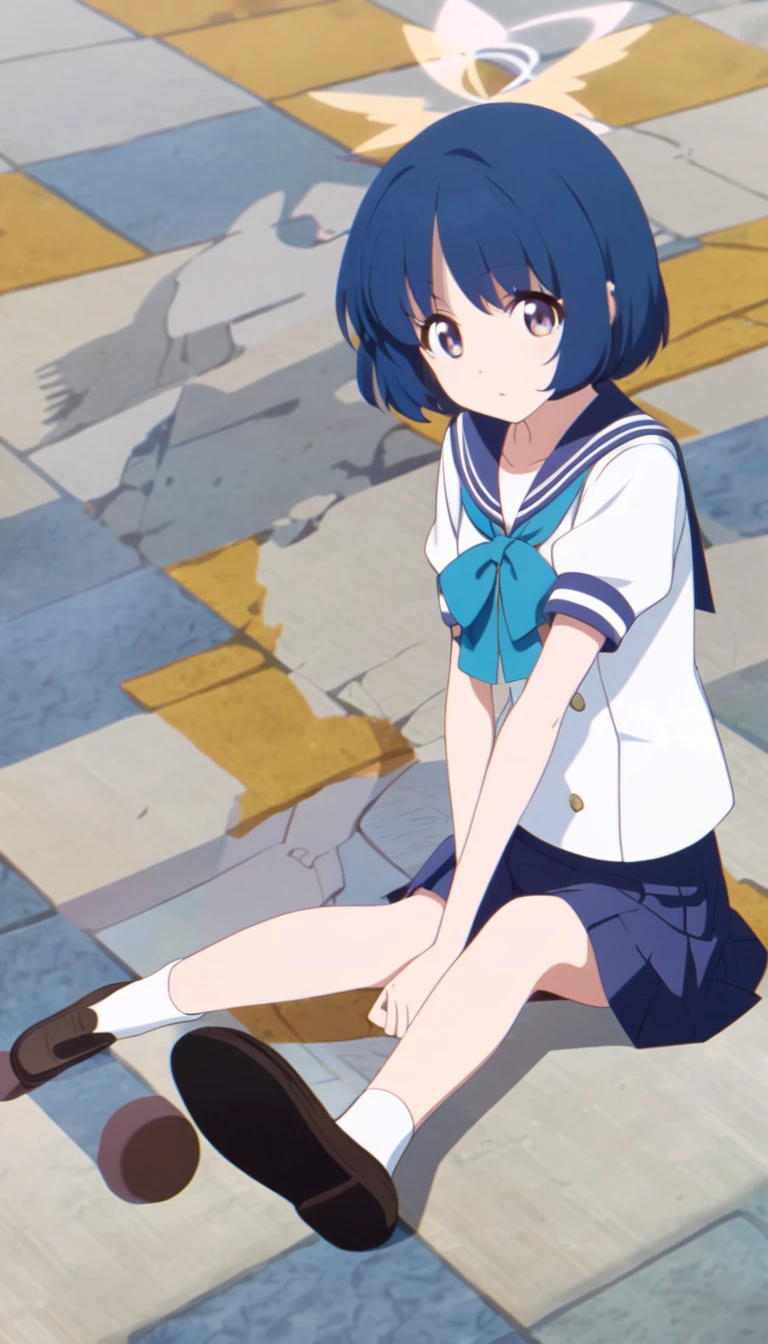 young girl, anime, short hair, pretty eyes, blue hair, full body, sailor suit, short pleated skirt