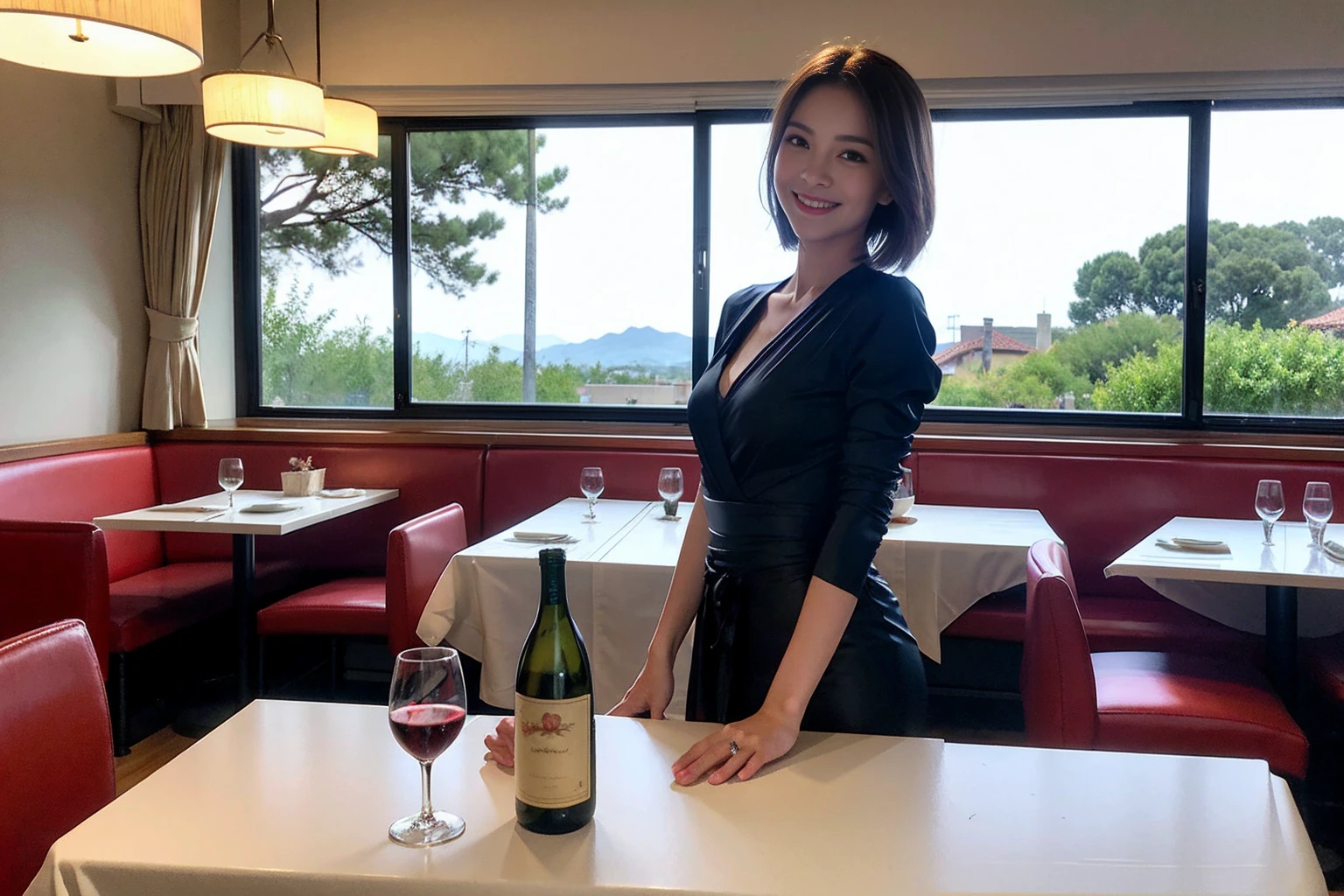 ((Highest quality、8K、masterpiece:1.3))、Shortcuts、cute、slimカップル、modelカップル、actress男優、(Realistic, Intricate details:1.2), full-course dinner、Wine Party、Amazing view of the sunset sky and clouds、A bright smile、short hair,Bright Face、 (Age 45), 42 years old, red wine 、Appetizers、Italian food、Wine bottle、Champagne、sparkling wine、Two beauties、Brown Hair、Shortcuts、Long sleeve shirt、dress、Beautiful woman 1, (slimな顔), (The body is slim), (Brown Hair), (Shortcuts), cheeks turn a little red,Attractive beauty、restaurant, In a prominent place (From the waist up) Nova Frog Style, actress, model, Upper Body, White wine, slim, wine glass, 中央に置かれたwine glass, smile, (smile: 1.15), Beautiful fine grain, Depth f/2,saturation, High Contrast, Strong light and shadow,Moist Body:1.5、3D texture、Delicate eyes、Brown Hair、The hair is very shiny、