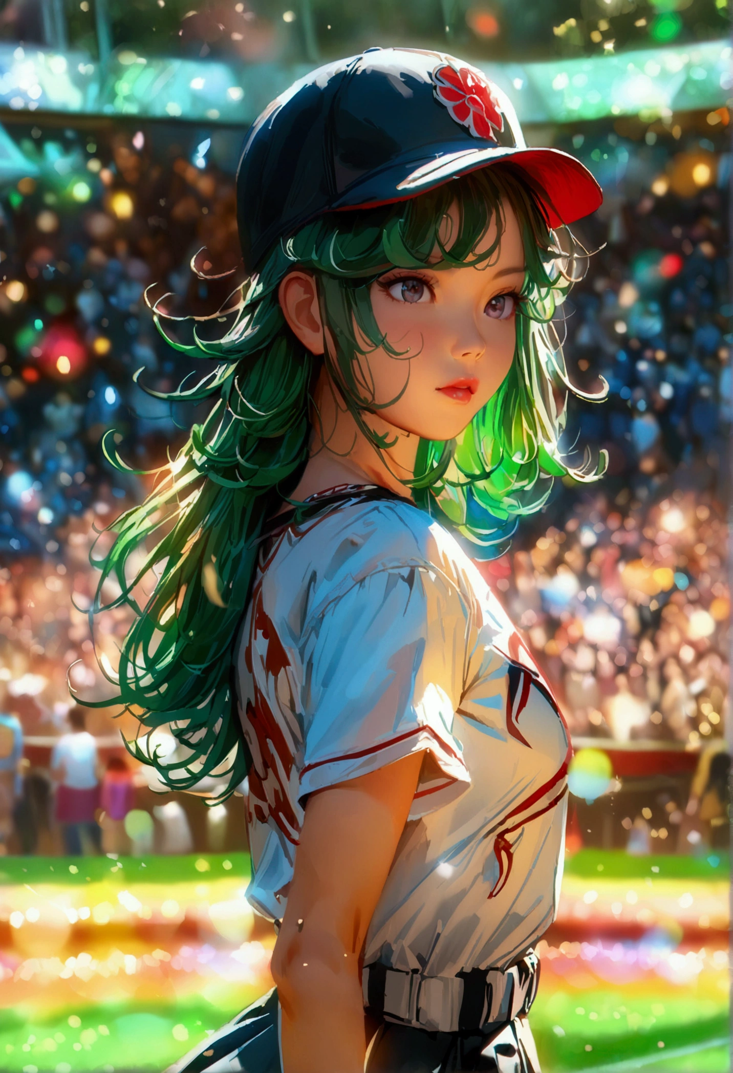 A beautiful Japanese woman (Tatsumaki,black dress, green hair) in a baseball cap pitching a ball, dynamic pitching pose, crowd cheering in the background, bokeh effect, anime style, highly detailed, intricate, vibrant colors, cinematic lighting, photorealistic, masterpiece