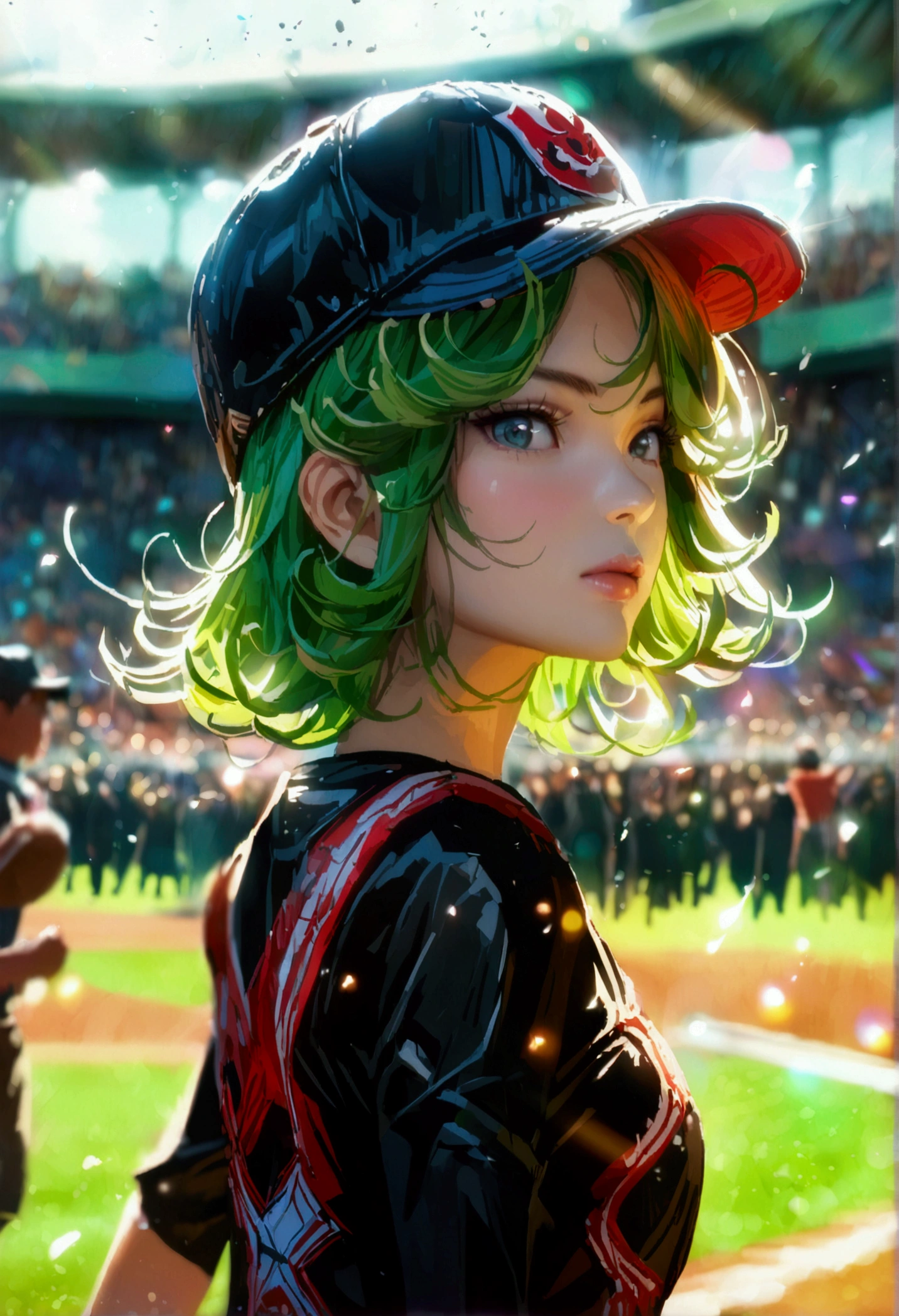 A beautiful Japanese woman (Tatsumaki,black dress, green hair) in a baseball cap pitching a ball, dynamic pitching pose, crowd cheering in the background, bokeh effect, anime style, highly detailed, intricate, vibrant colors, cinematic lighting, photorealistic, masterpiece