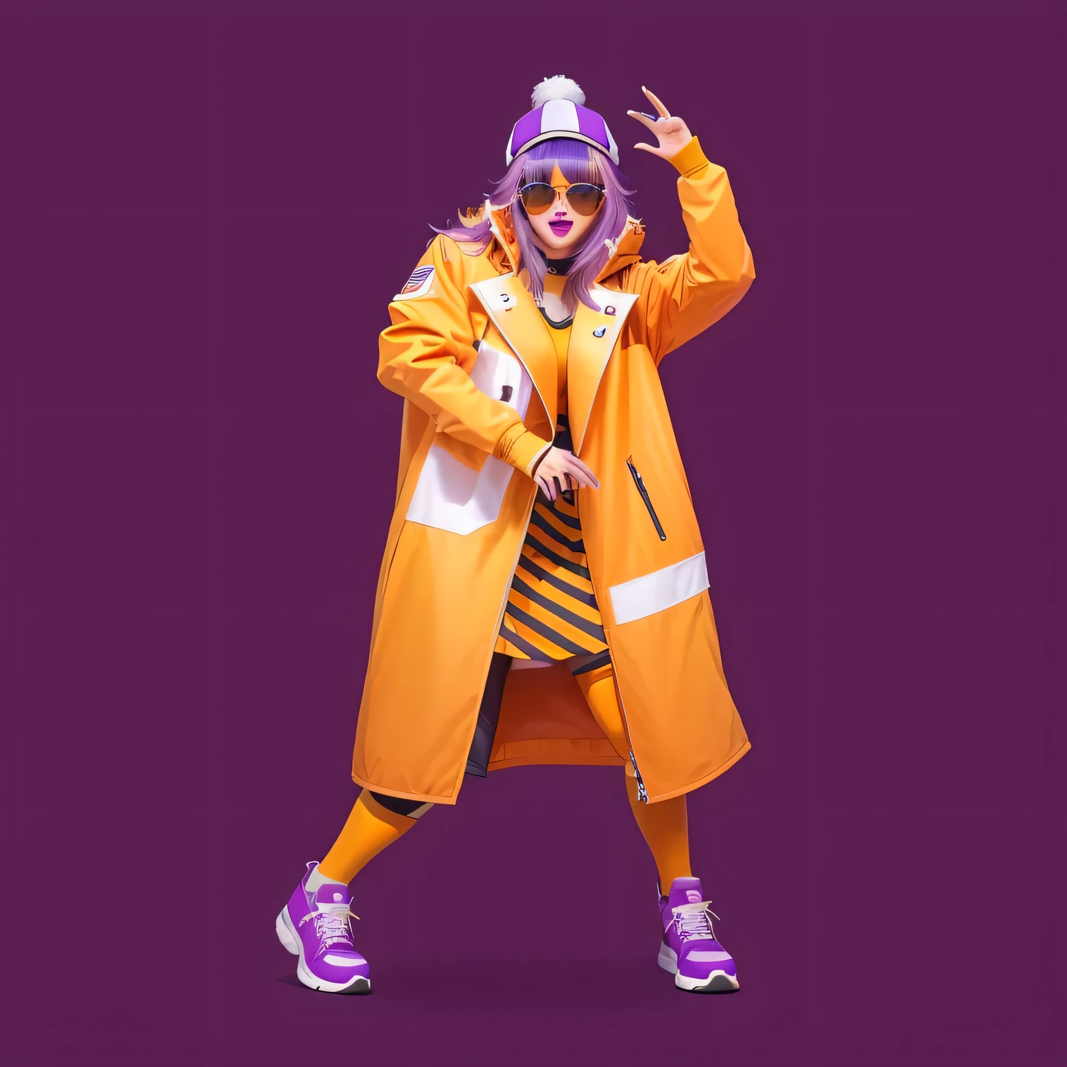 just dance 2024 game,A man in a heavy orange coat、The numbers 0 and 2 are on the clothes,Adult women,Purple Hair,Wearing sunglasses,Wearing a hat、Dancing woman cartoon, dancing character, carnival jacket, made in illustrator, stylish carnival jacket, She is dancing. Practical, Dancer's hip hop pose, look like someone is dancing, She's wearing street clothes, Live2d Virtual YouTuber Model, Bright colors.Digital 2D, Woman in street clothes
