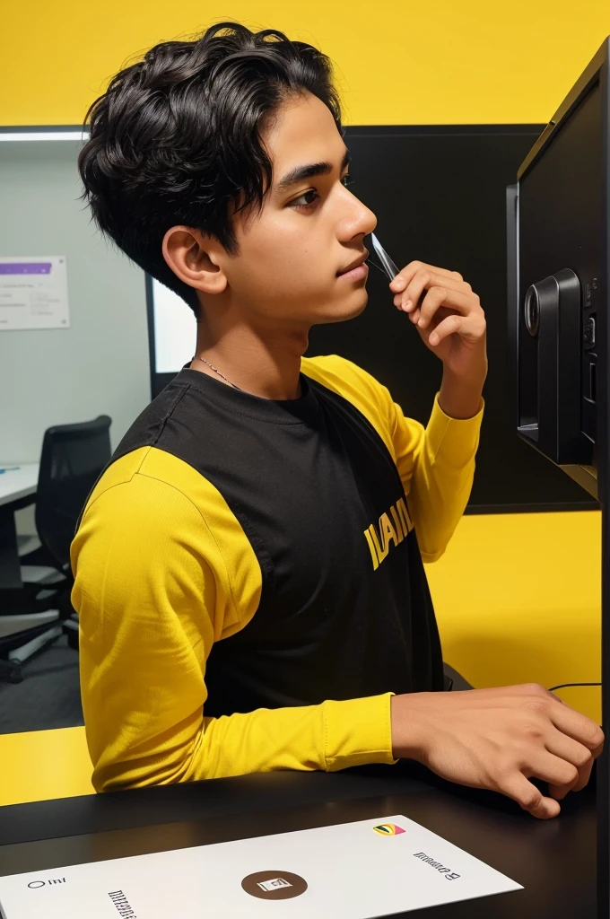create a instagram profile on glass id card on a black desk displaying instagram logo and realistic profile photo of a age boy in circle and "Adivashi Op" is written in bold fonts under the profile photo, the Instagram card is glowing in yellow color on the edge.