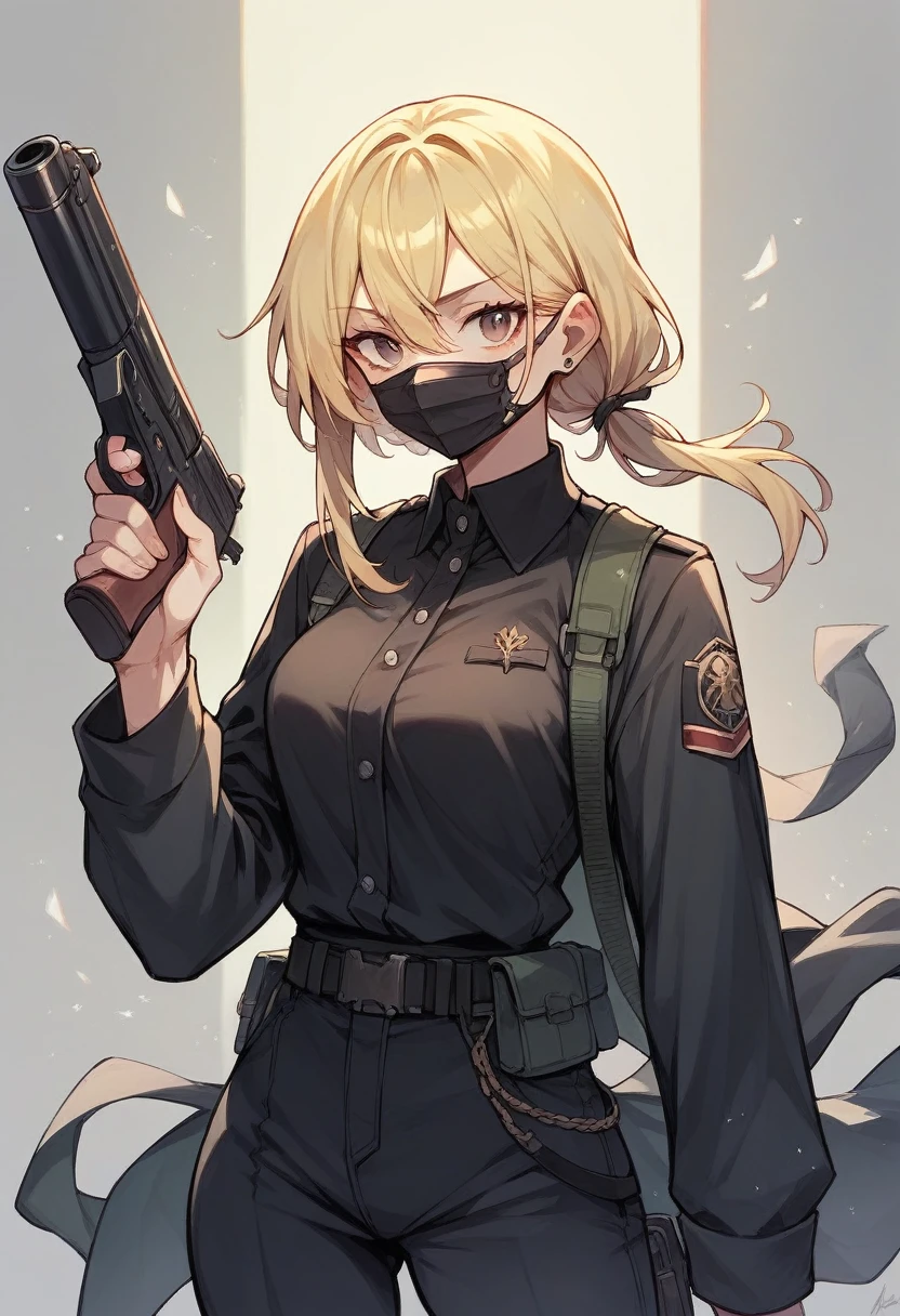 Blonde girl with black mask wearing black uniform and a gun in her hand 