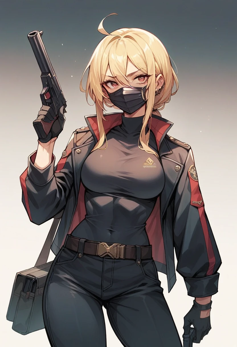 Blonde girl with black mask wearing black uniform and a gun in her hand