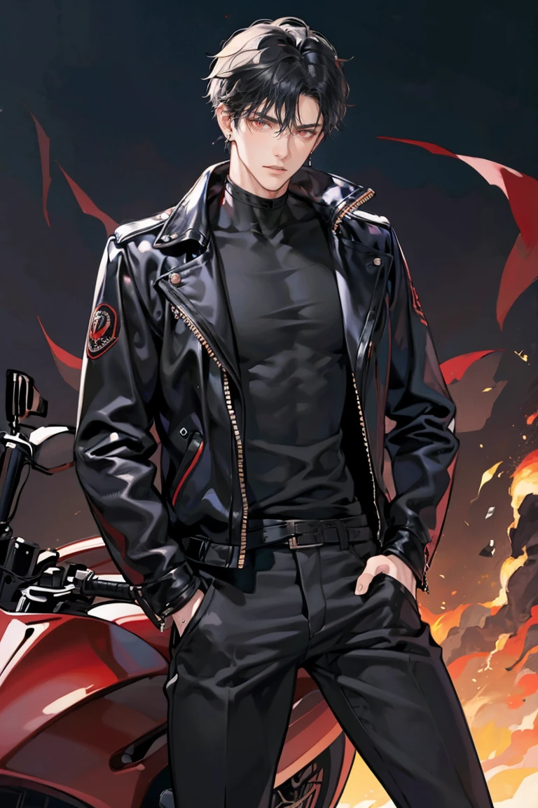 (masterpiece), best quality, seductive eyes, perfect face, handsome man, red eyes, short messy black hair, long nose, plain black t-shirt, black fitted pants, black leather jacket, full body, extremely tall man, long legs, long calves, anime cover, 1boy, ear piercings, hands in pockets, adult-like look, bad boy, motorcycle, biker