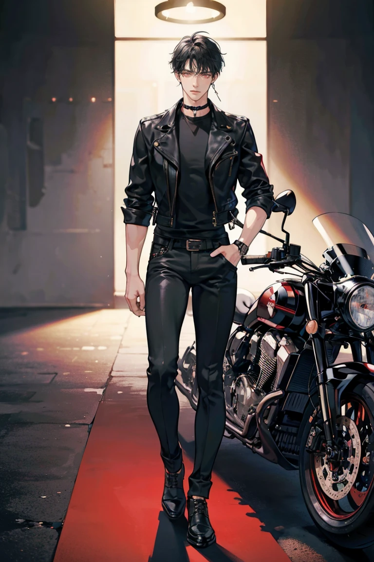 (masterpiece), best quality, seductive eyes, perfect face, handsome man, red eyes, short messy black hair, long nose, plain black t-shirt, black fitted pants, black leather jacket, full body, extremely tall man, long legs, long calves, anime cover, 1boy, ear piercings, hands in pockets, adult-like look, bad boy, motorcycle, biker