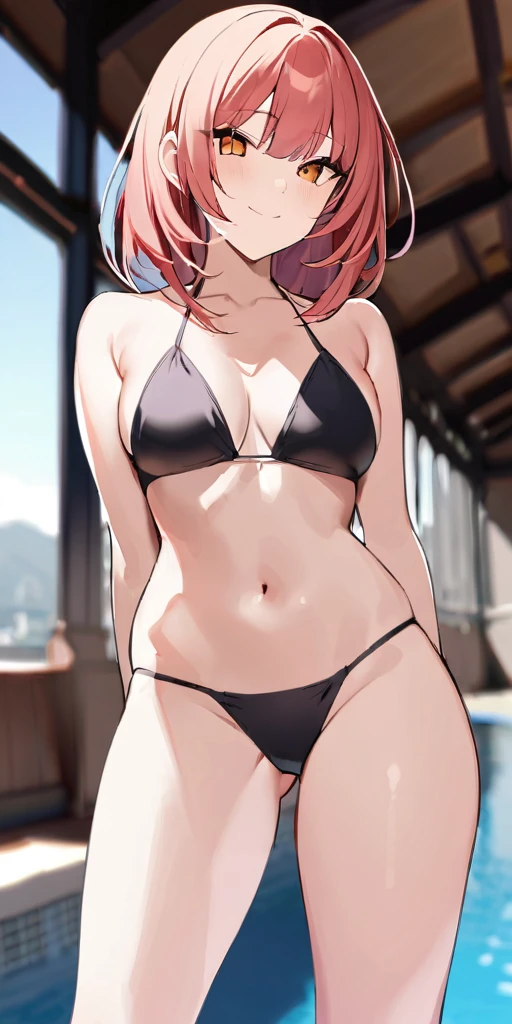 ((Hands beside the body)),((Highest quality、masterpiece:1.3))、Long legs、Sharp focus:1.2, Beautiful woman with perfect figure:1.4、(Smiling:1.2), double eyelid、30-year-old female、Sexy pose、((((One Woman、bikini)))),(((((one women,pool side:1.5)))))、((standing, cowboy shot:1.5))、