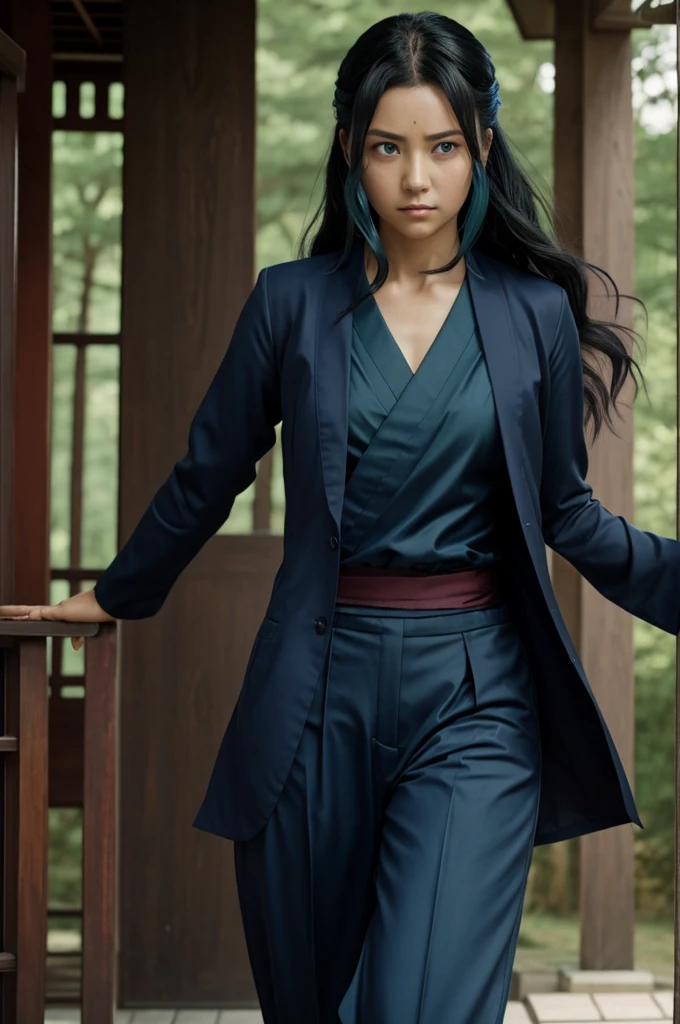 Demon Slayer screencap, pillar, feminine woman, dark complexion, blue eyes, annoyed expression, half of her face covering her right eye, with a scratch over her lips on the left side, short, wavy dark black hair with turquoise tips, with a dark blue suit with a somewhat wide part of the pants, Japanese sandals, covering it with a light green haori. Anime, style Ufotable Studios Season 3.