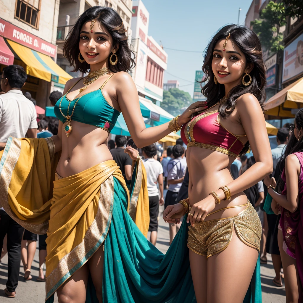 In the bustling crowd, a radiant 25-year-old Indian woman named Rani stands out, her enchanting laughter echoing through the air. Delight shines in her captivating brown eyes as she plays with the intricate folds of her striking Shorts. The shorts, adorned with mesmerizing mermaid-inspired patterns, utterly captivates the onlookers. The vibrant colors of the short seem to dance against her fair complexion, accentuating her delicate figure and adding an ethereal charm to her aura. The name "Rani" is subtly etched onto her transparent, signifying her royal