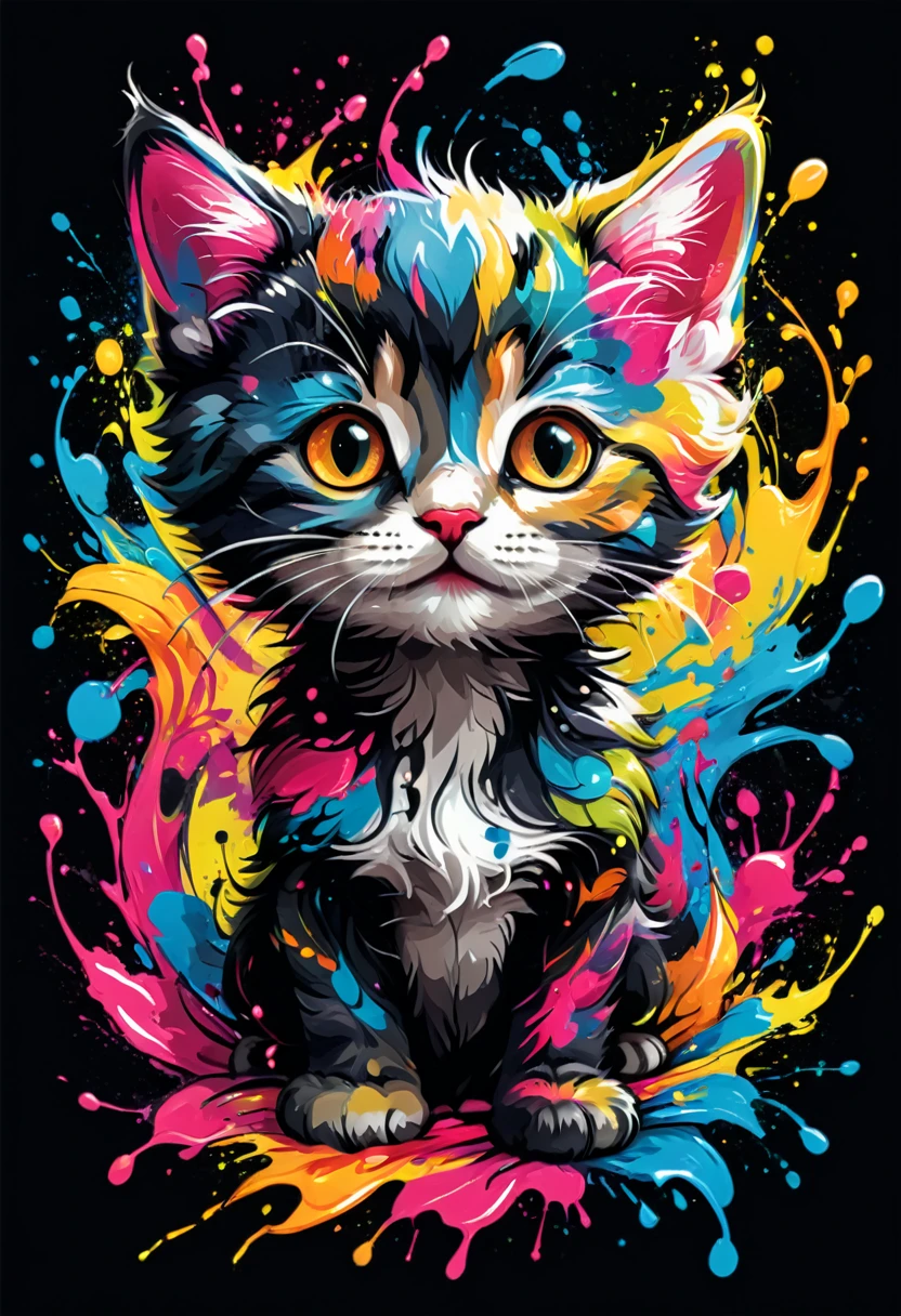 arte vetorial para t-shirt design, of a colorful illustration of small kitten in the center, swirly vibrant colors, paint splashes and smears, high détail,black backdrop.t-shirt design.
(artwork, best quality, proffesional, perfect composition, very aesthetic, absurdrez, super verbose, Intricate details:1.3)
