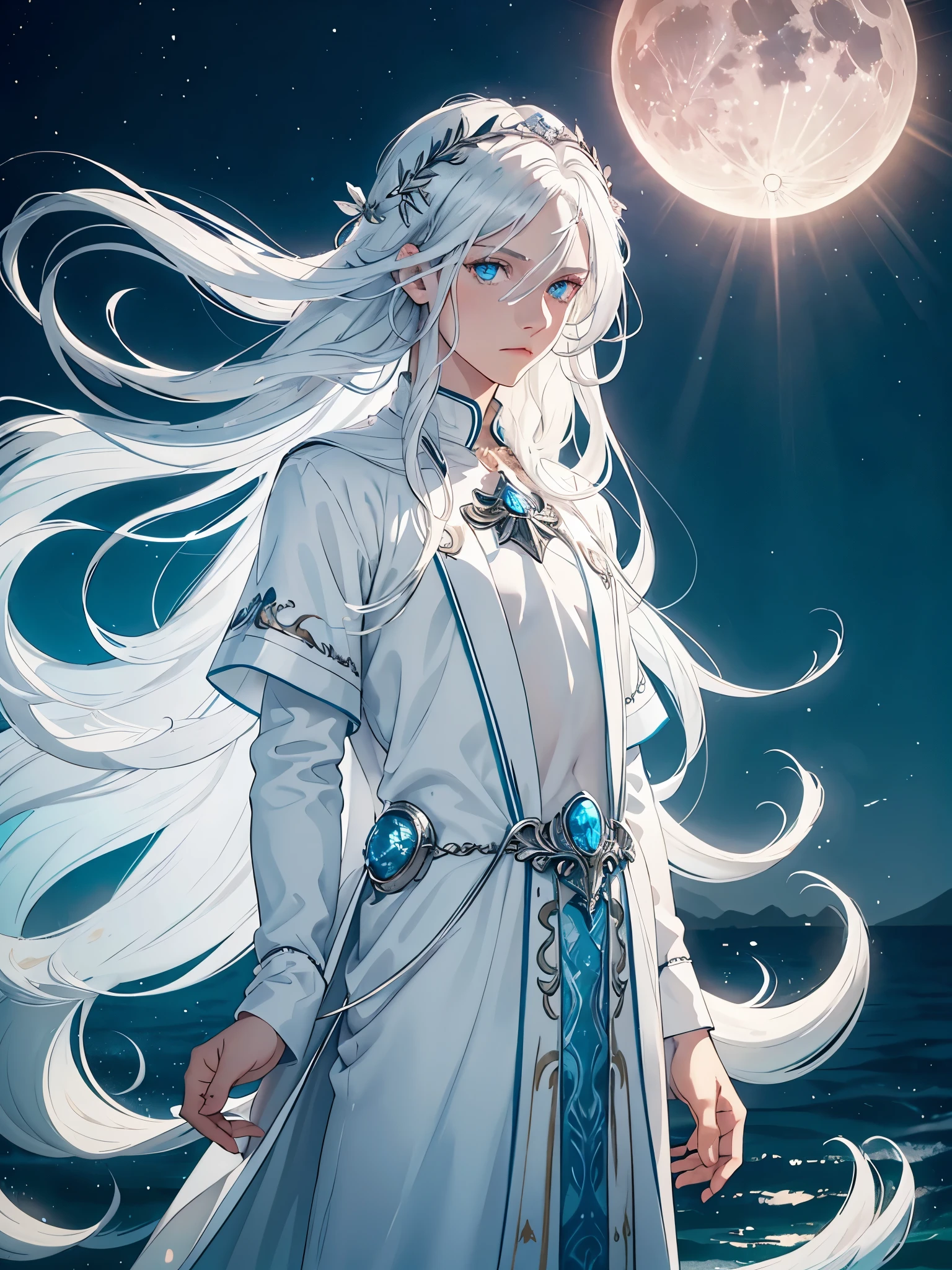 Boy. Mann. Flach. Long hair. long white hair. aquatic, boy, Goddess of the Moon, silver hair accessories, White hair, White dress, cape, at night, saturated colors, light eyes, bright, light blue light, blue eyes, Jewelry silver, bluish light, Full moon in the background, aquatic in der Luft rosa kerzen