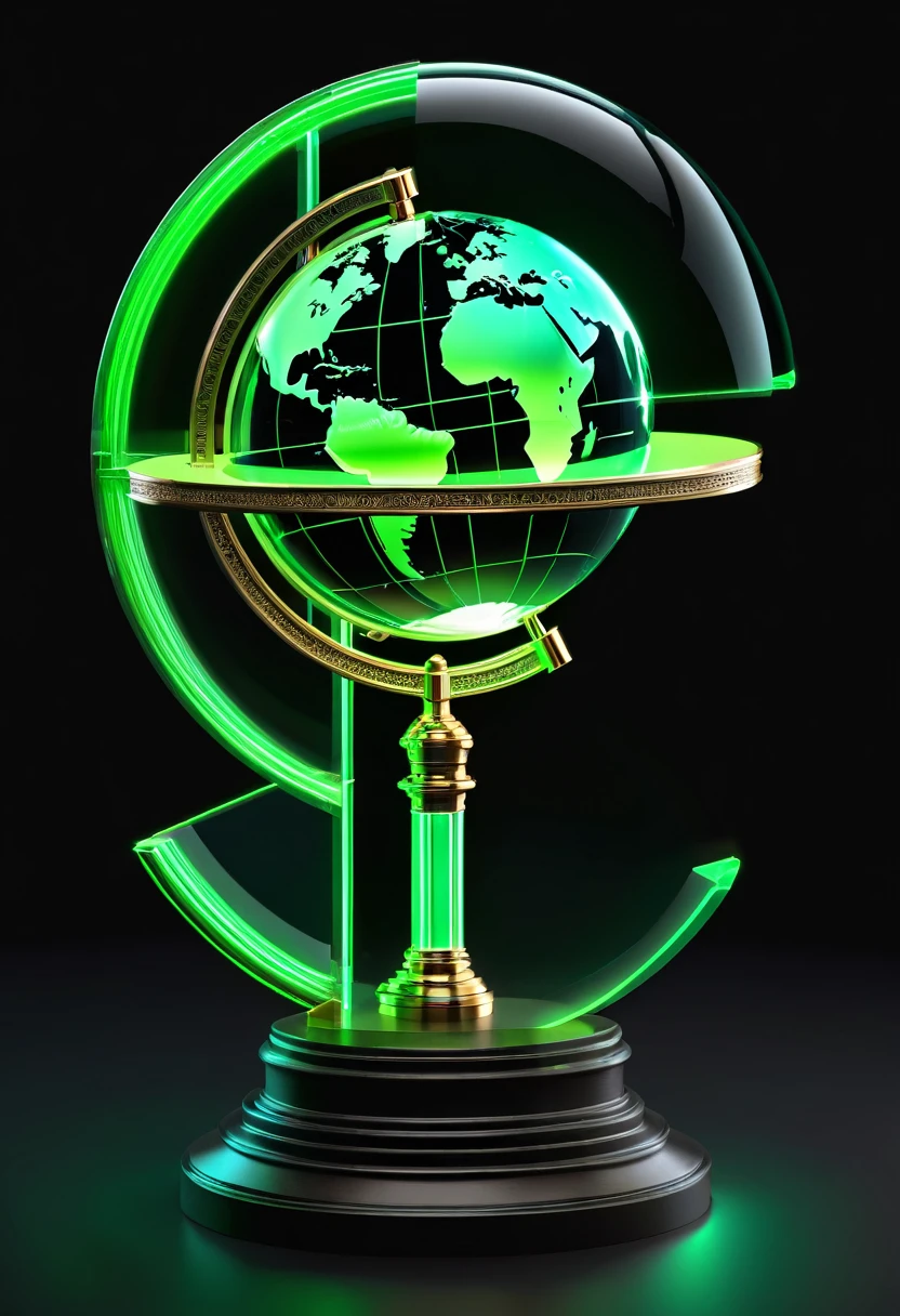 gemtech , Science-Fiction, internal reflections , transparent, inner details , Scholars , scroll, 1 globe, glowing green neon, black plain background, 3D High quality