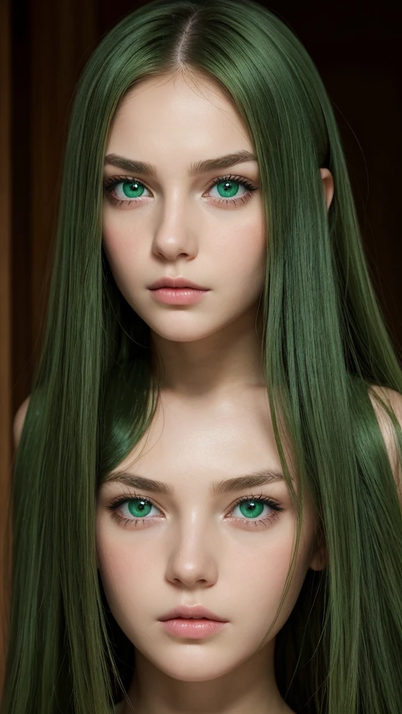 a girl.  face sent feeling.  Europe.  Oval face.  long face.  delicate facial features.  sad eyes.  seductively seductive.  green eyes.  long straight hair.  green hair.  Sad and disappointed expression.